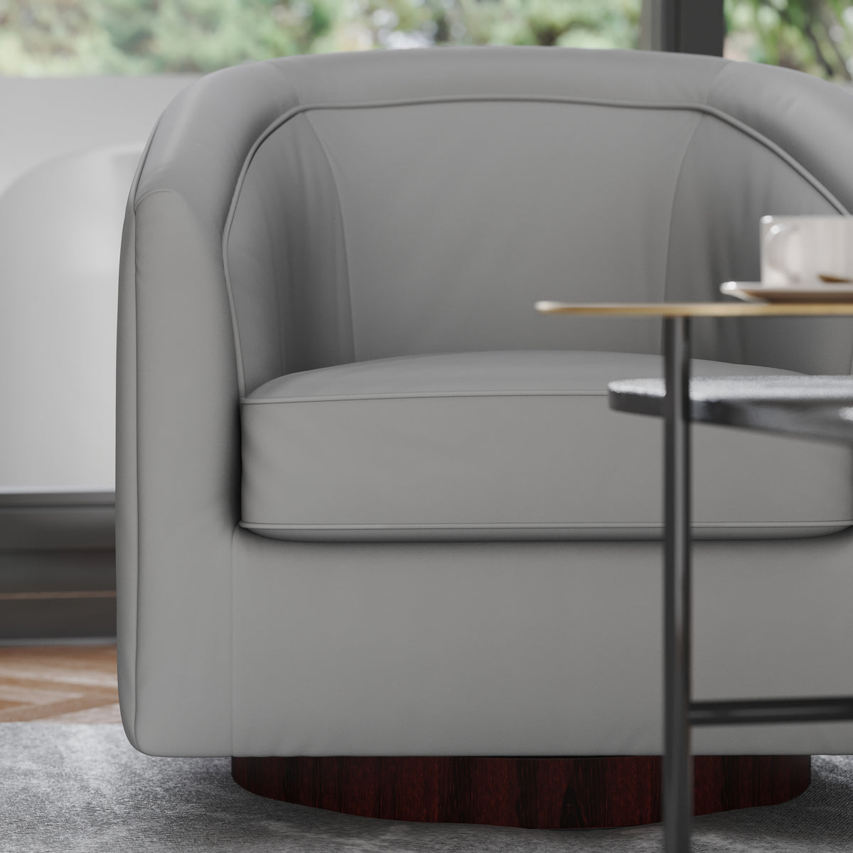 Dean Club Style Commercial Barrel Accent Armchair with 360 Degree Swivel Metal Base and Sloped Armrests