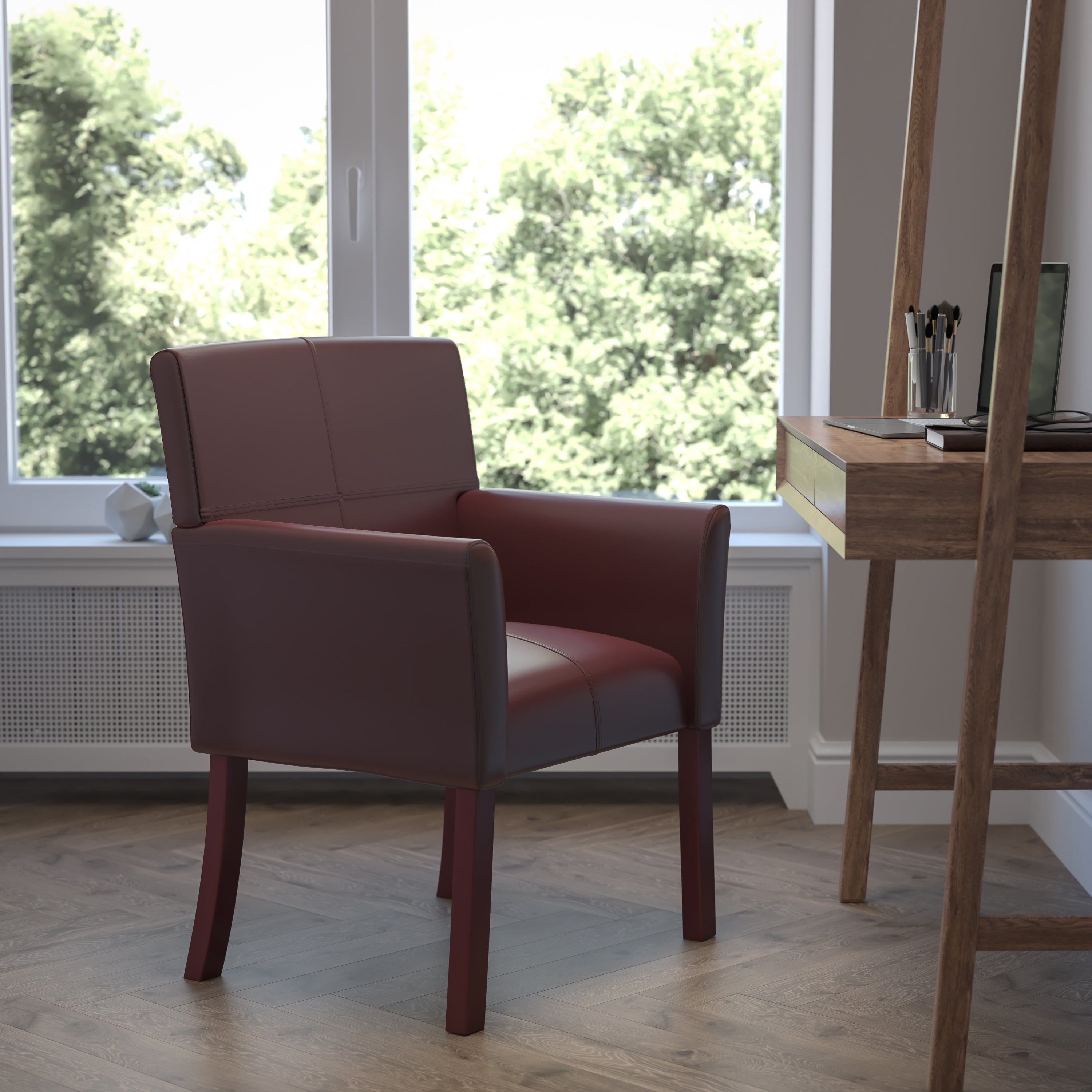 LeatherSoft Executive Side Reception Chair with Mahogany Legs