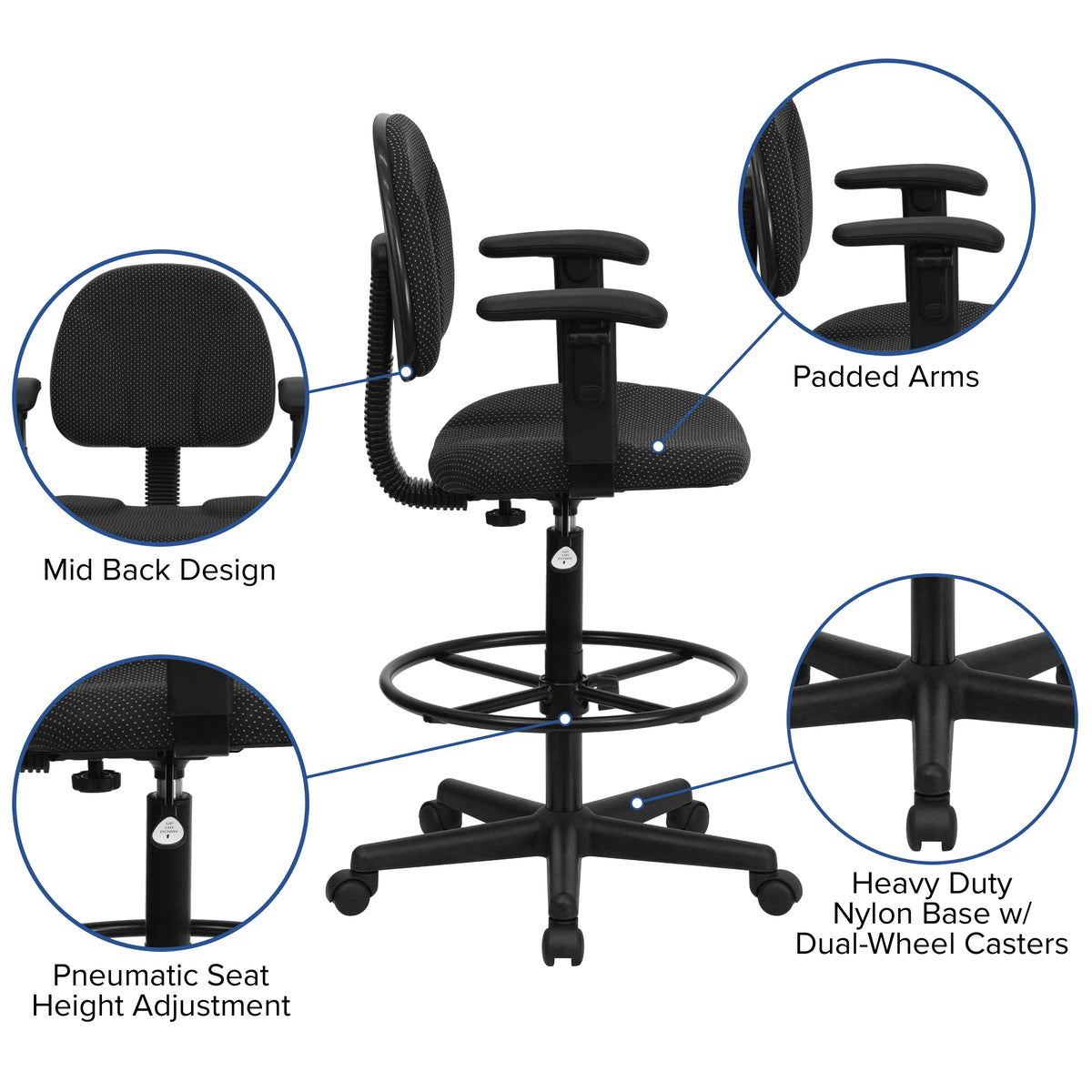 Fabric Drafting Chair with Adjustable Arms (Cylinders: 22.5''-27''H or 26''-30.5''H)