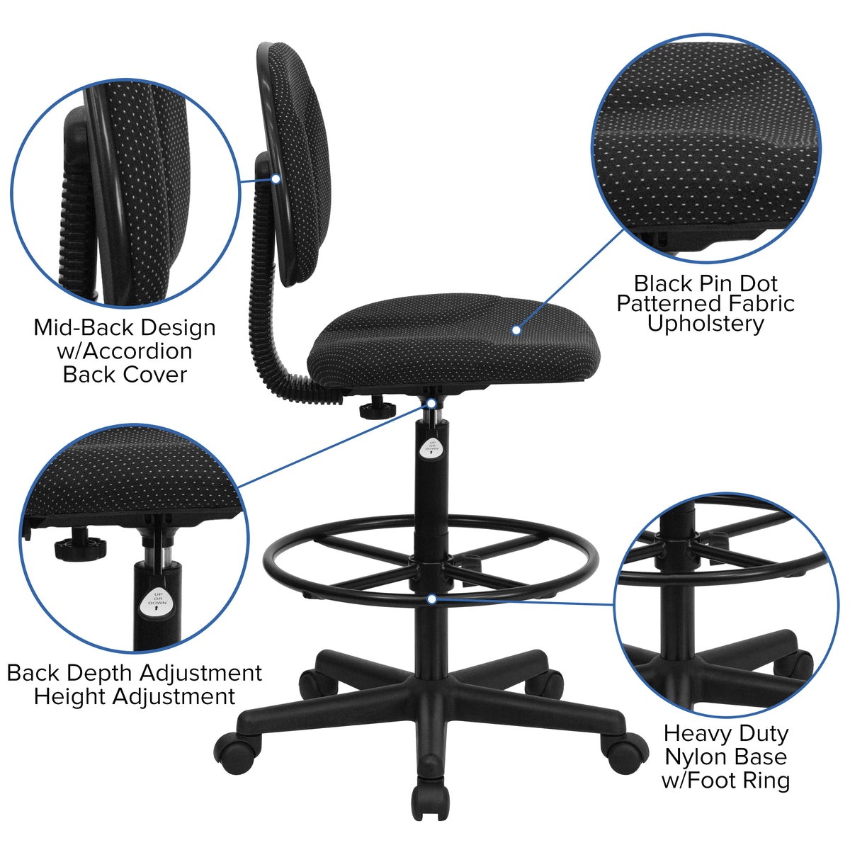 Bruce Adjustable Height Drafting Chair with Adjustable Foot Ring