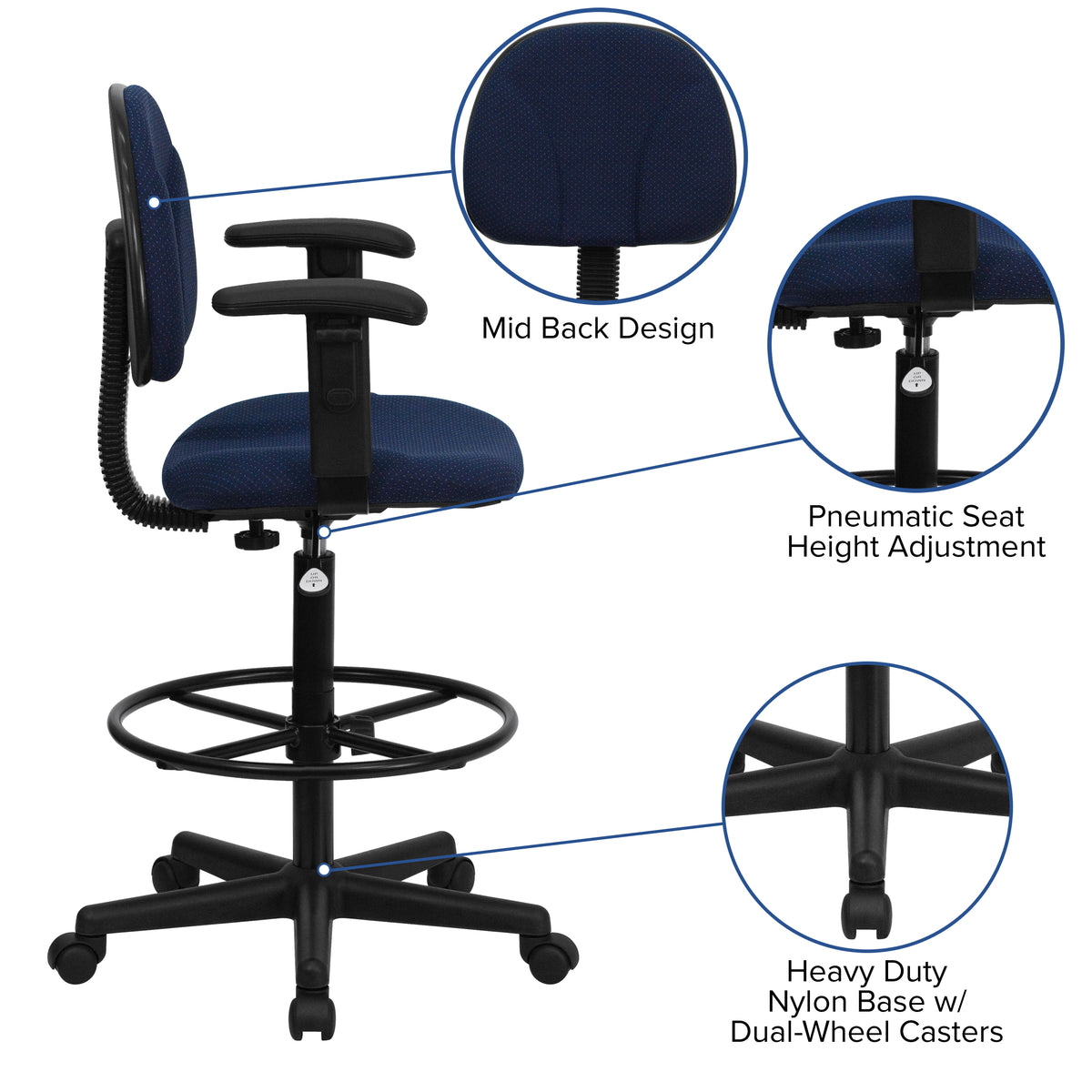 Fabric Drafting Chair with Adjustable Arms (Cylinders: 22.5''-27''H or 26''-30.5''H)