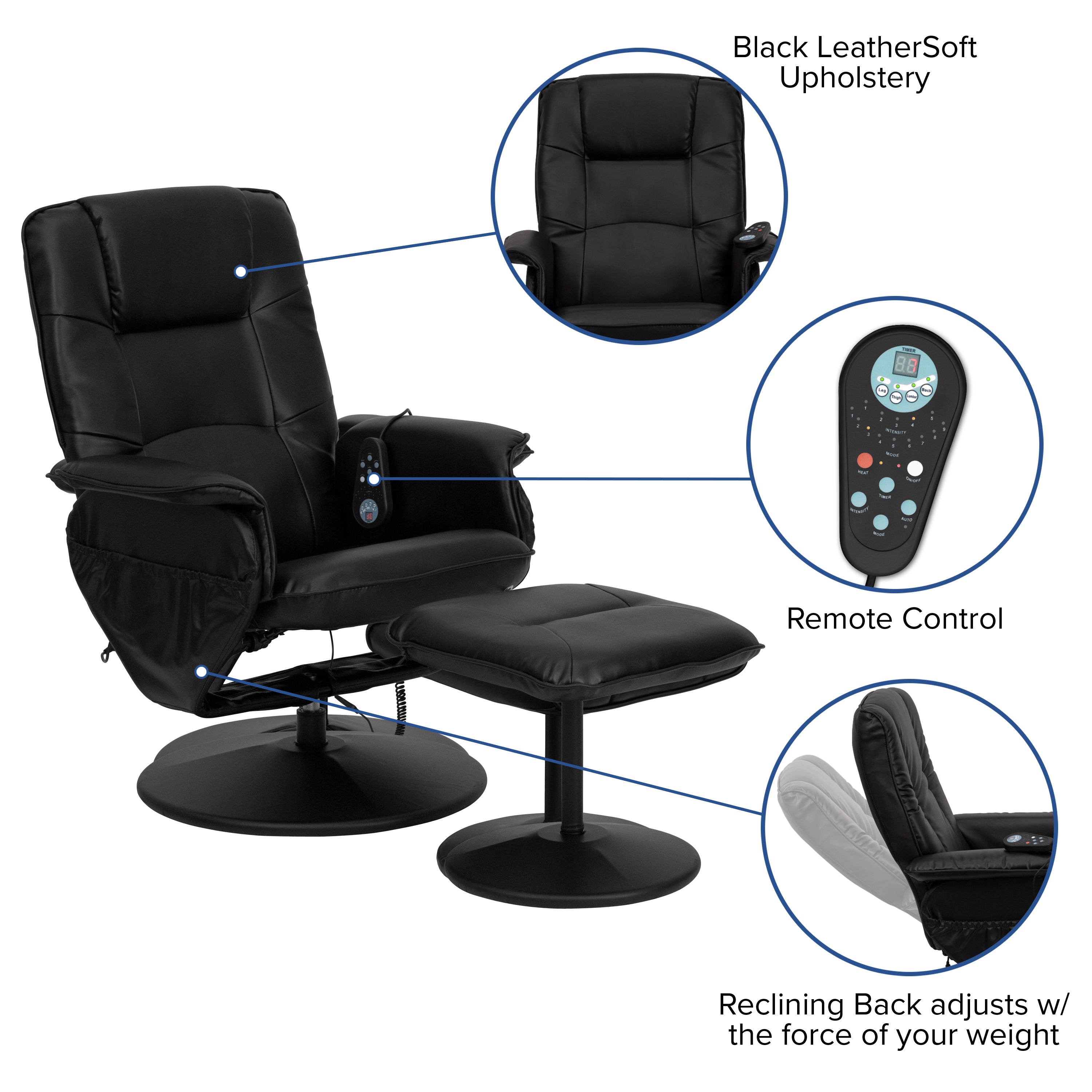 Massaging Multi-Position Recliner with Deep Side Pockets and Ottoman with Wrapped Base