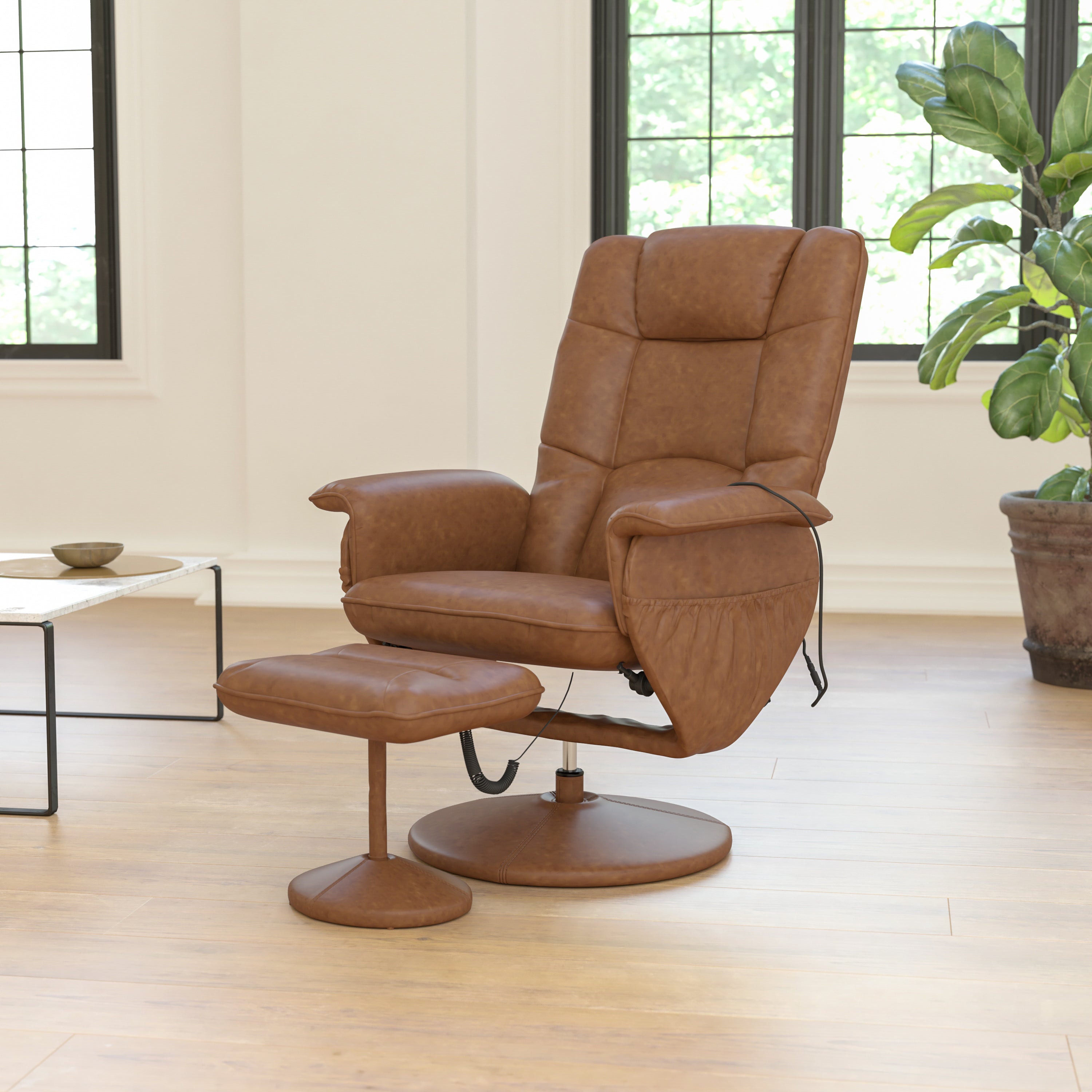 Massaging Multi-Position Recliner with Deep Side Pockets and Ottoman with Wrapped Base