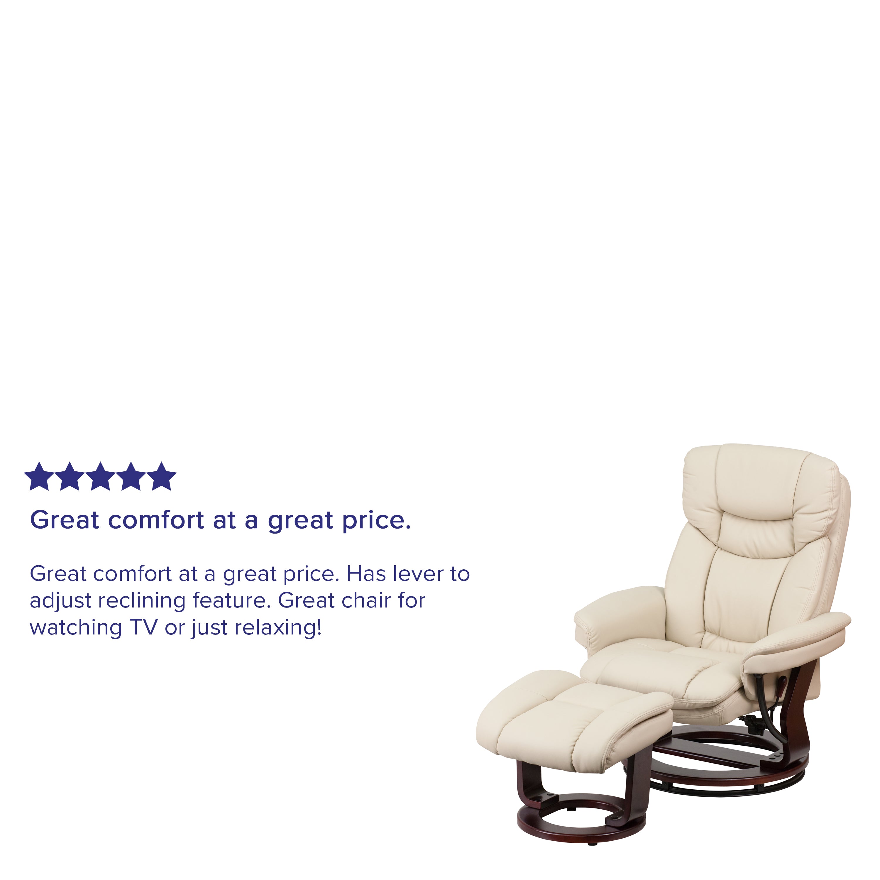 Contemporary Multi-Position Recliner and Curved Ottoman with Swivel Mahogany Wood Base