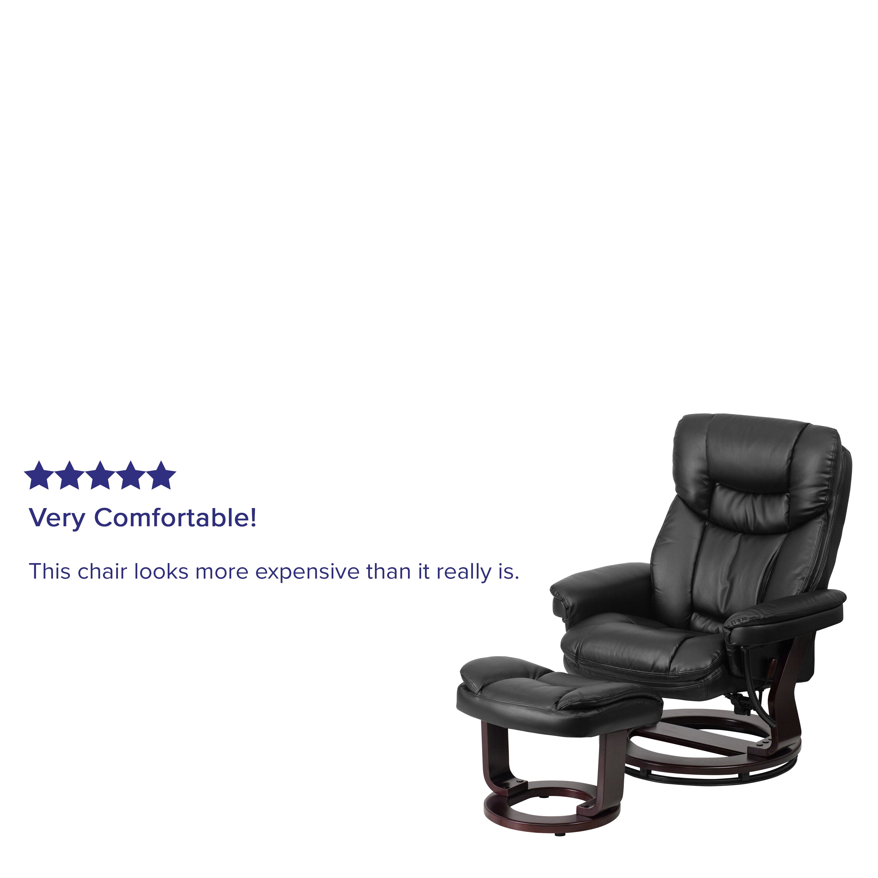 Contemporary Multi-Position Recliner and Curved Ottoman with Swivel Mahogany Wood Base