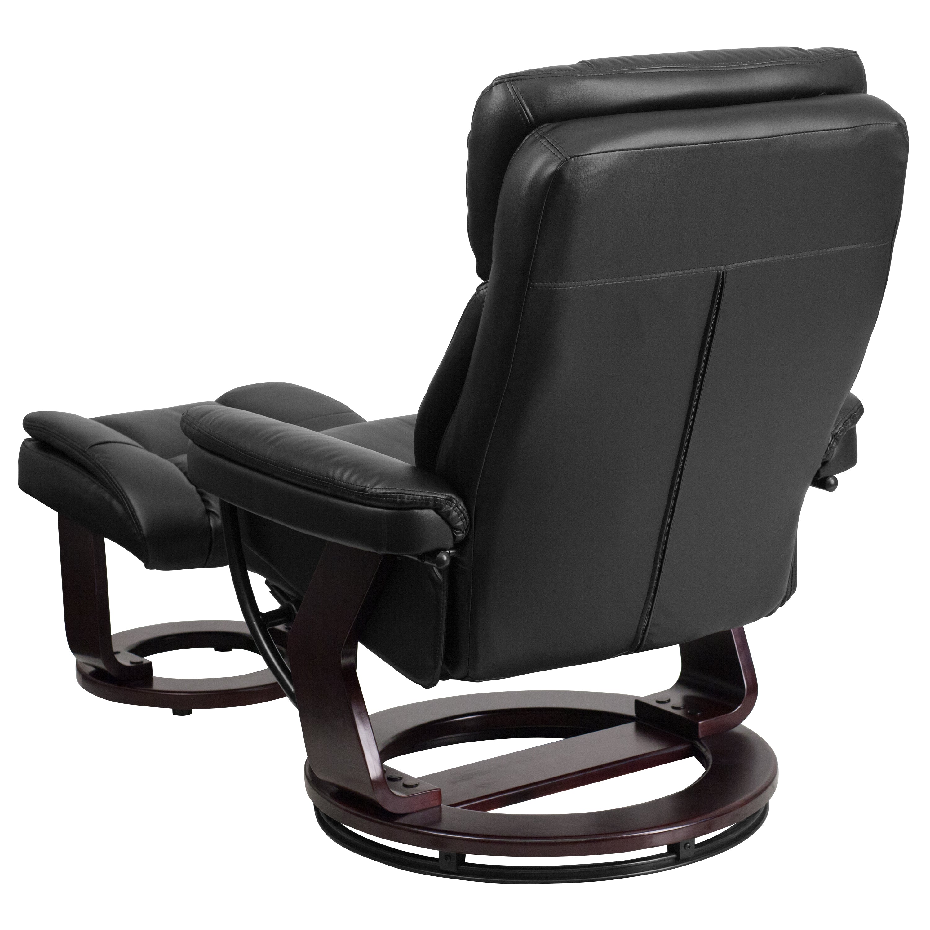 Contemporary Multi-Position Recliner and Curved Ottoman with Swivel Mahogany Wood Base