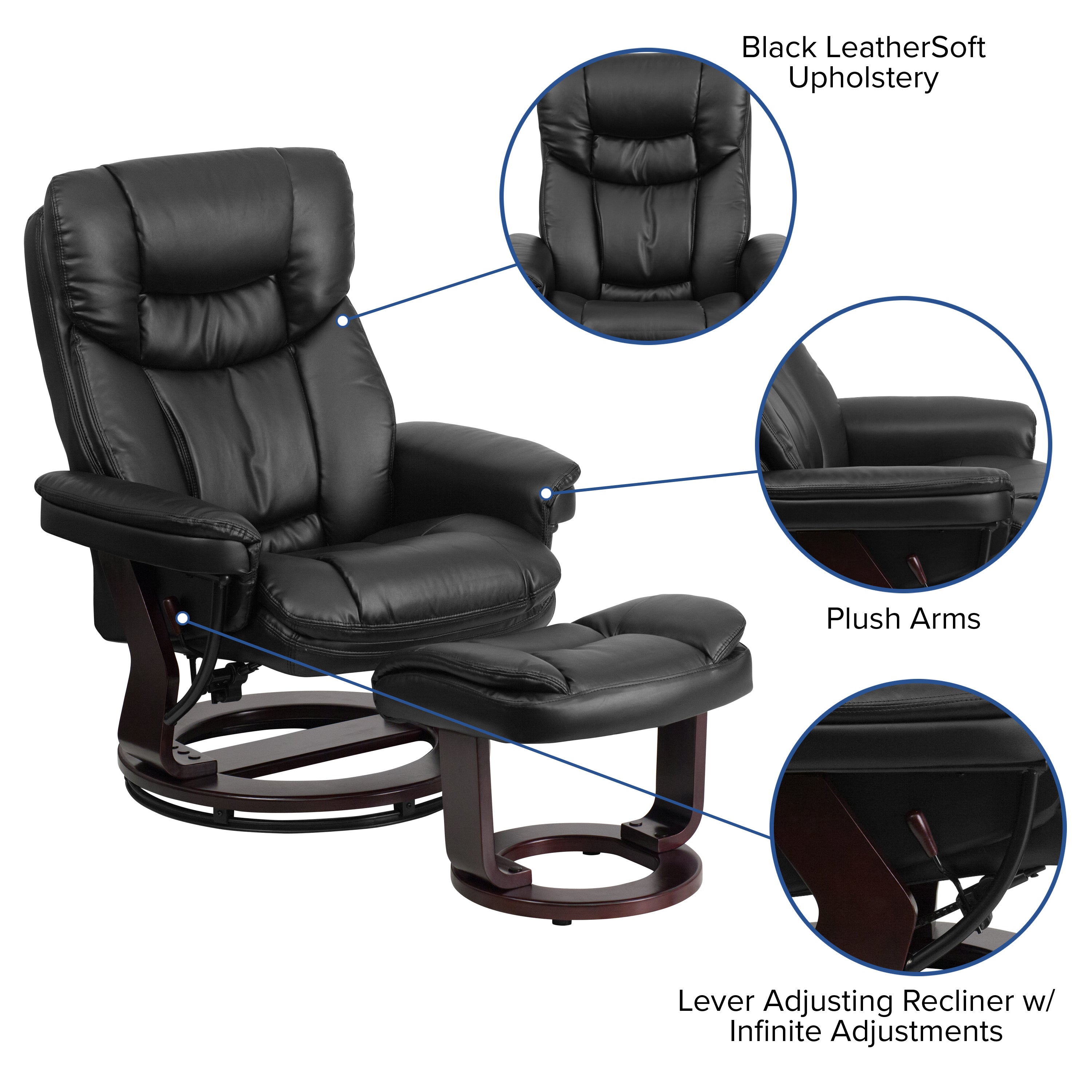 Contemporary Multi-Position Recliner and Curved Ottoman with Swivel Mahogany Wood Base
