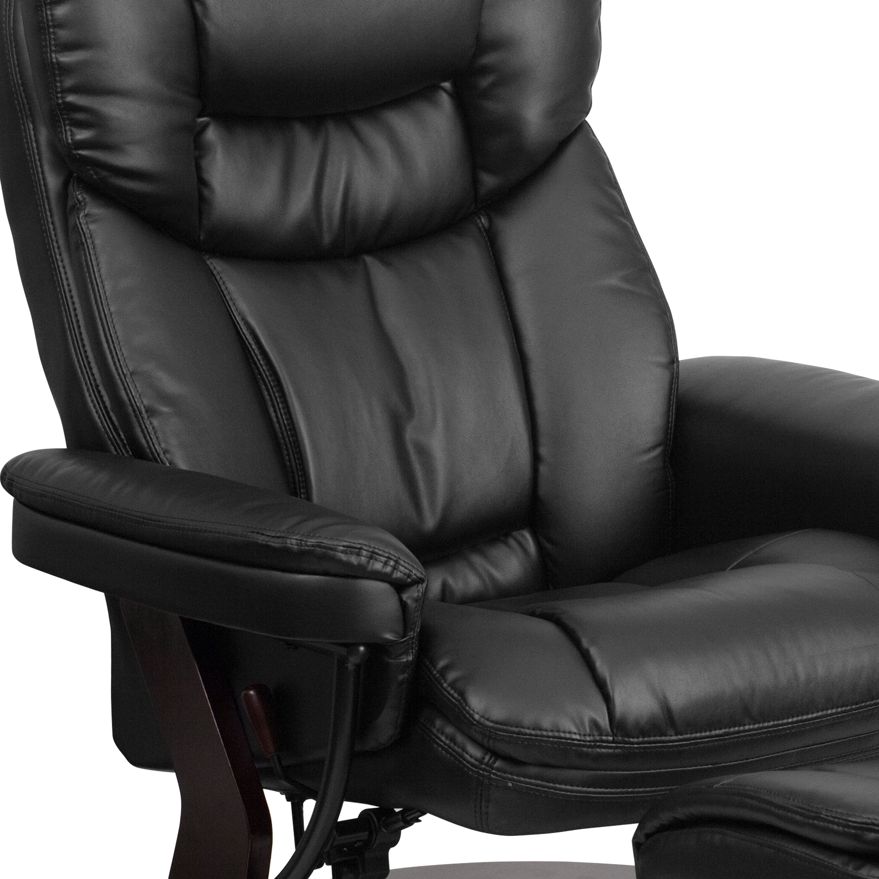Contemporary Multi-Position Recliner and Curved Ottoman with Swivel Mahogany Wood Base