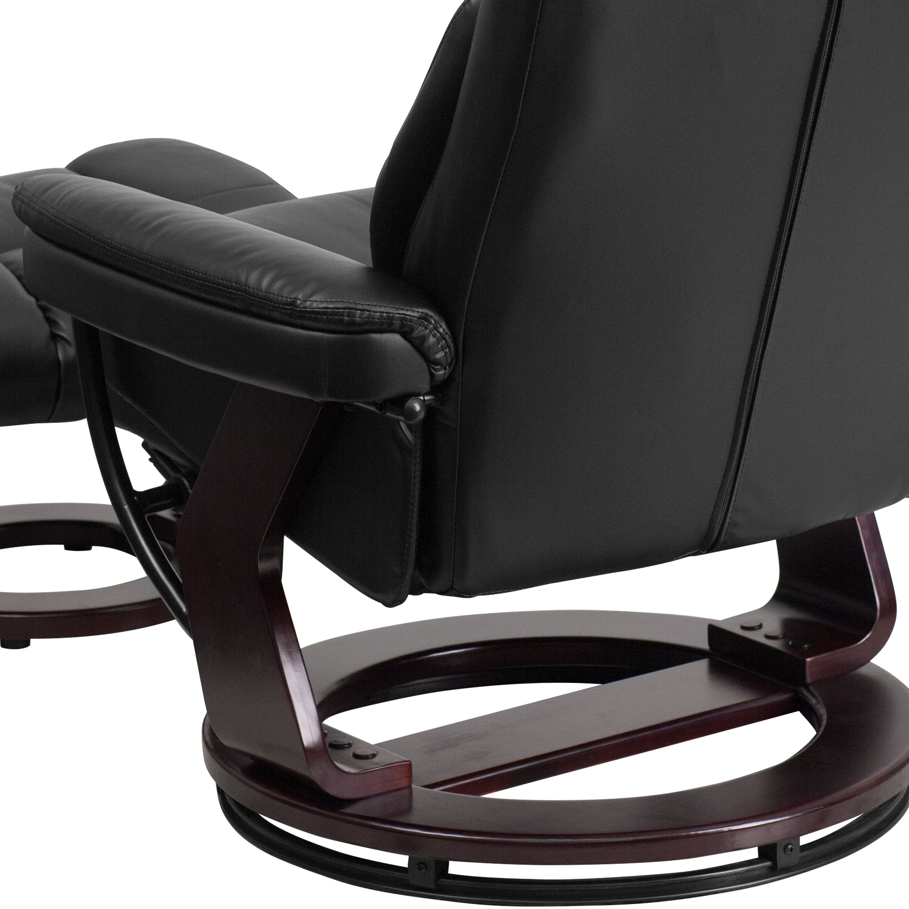 Contemporary Multi-Position Recliner and Curved Ottoman with Swivel Mahogany Wood Base
