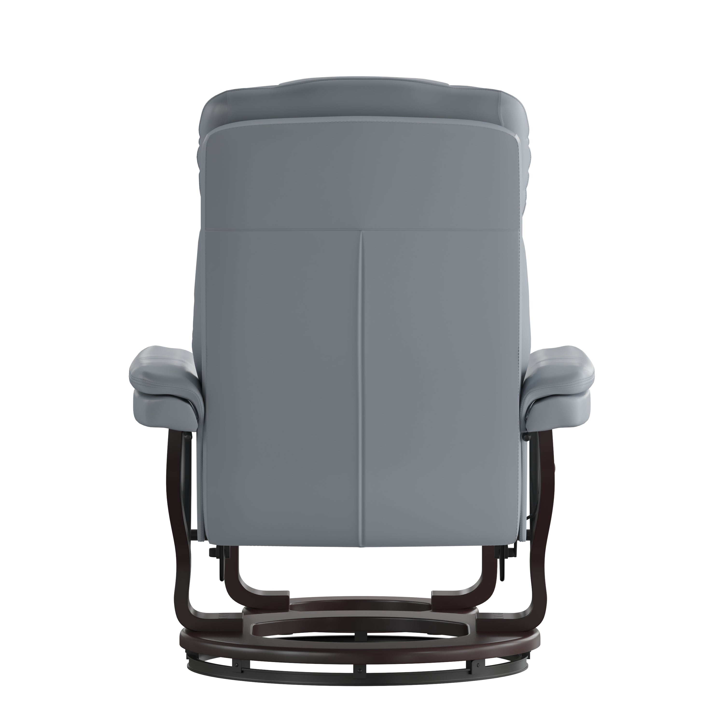 Contemporary Multi-Position Recliner and Curved Ottoman with Swivel Mahogany Wood Base
