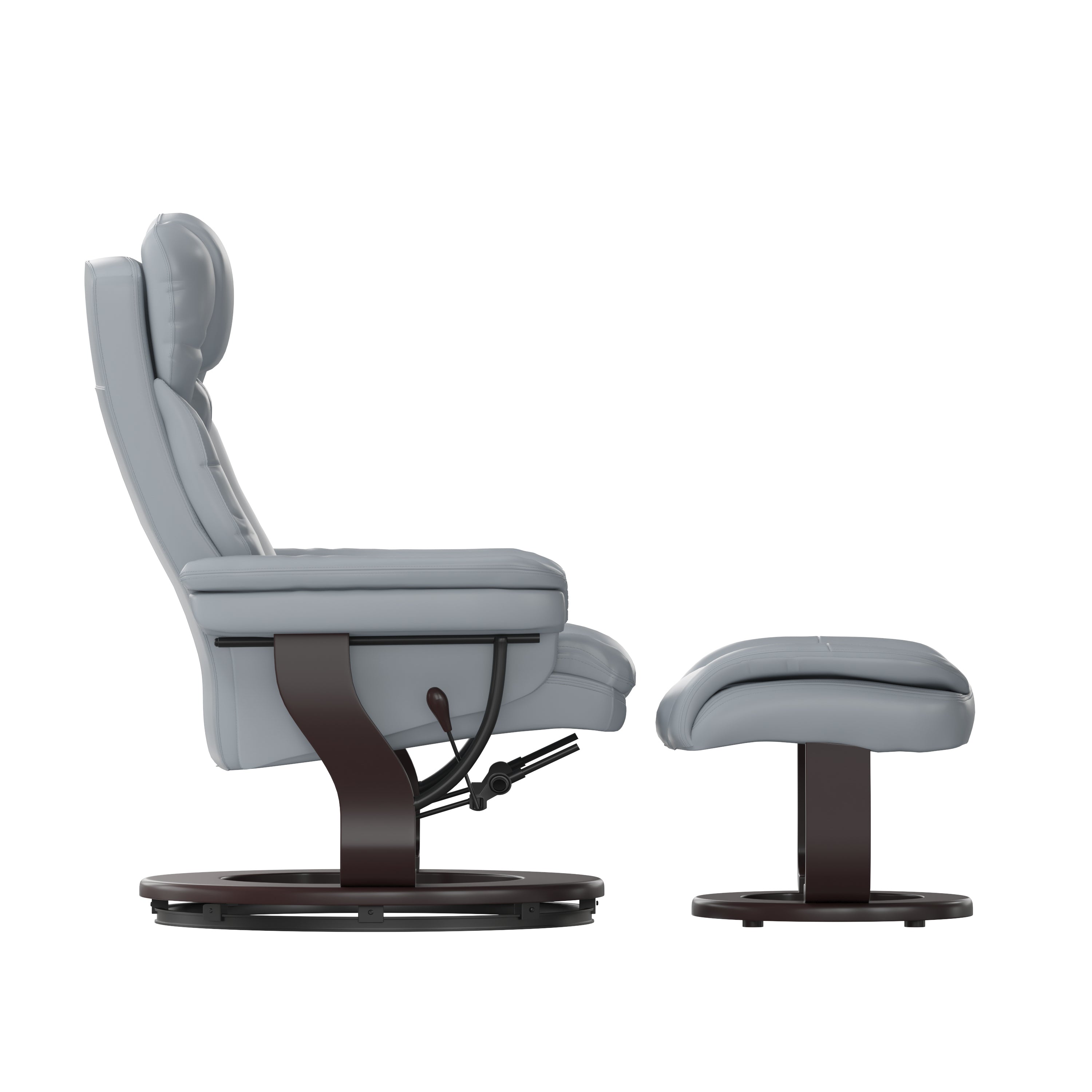 Contemporary Multi-Position Recliner and Curved Ottoman with Swivel Mahogany Wood Base