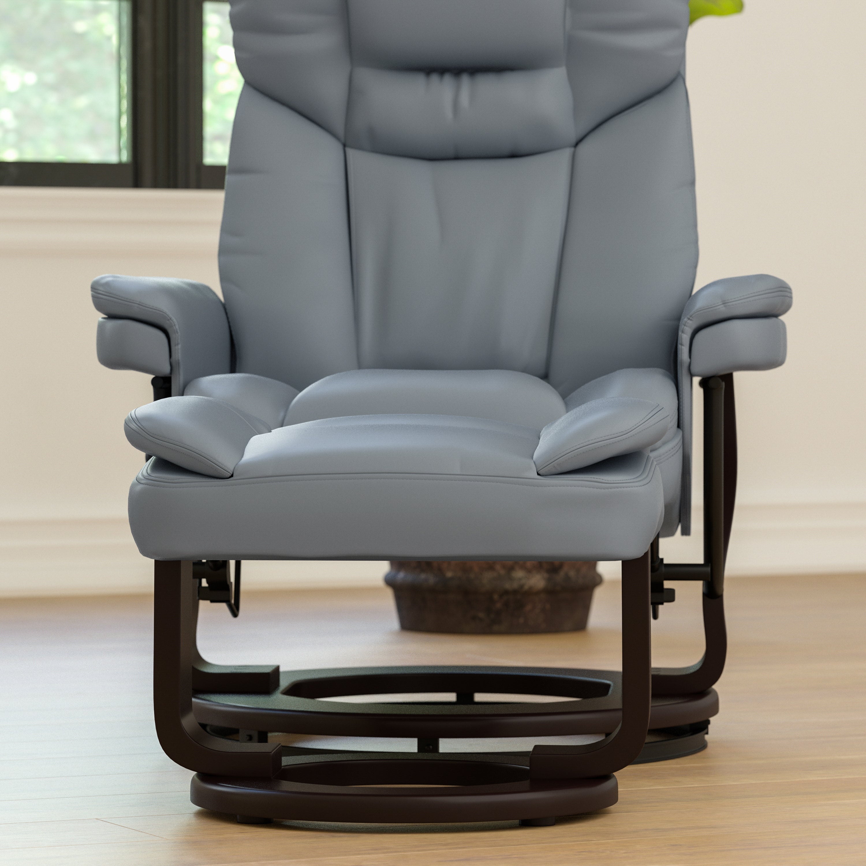 Contemporary Multi-Position Recliner and Curved Ottoman with Swivel Mahogany Wood Base