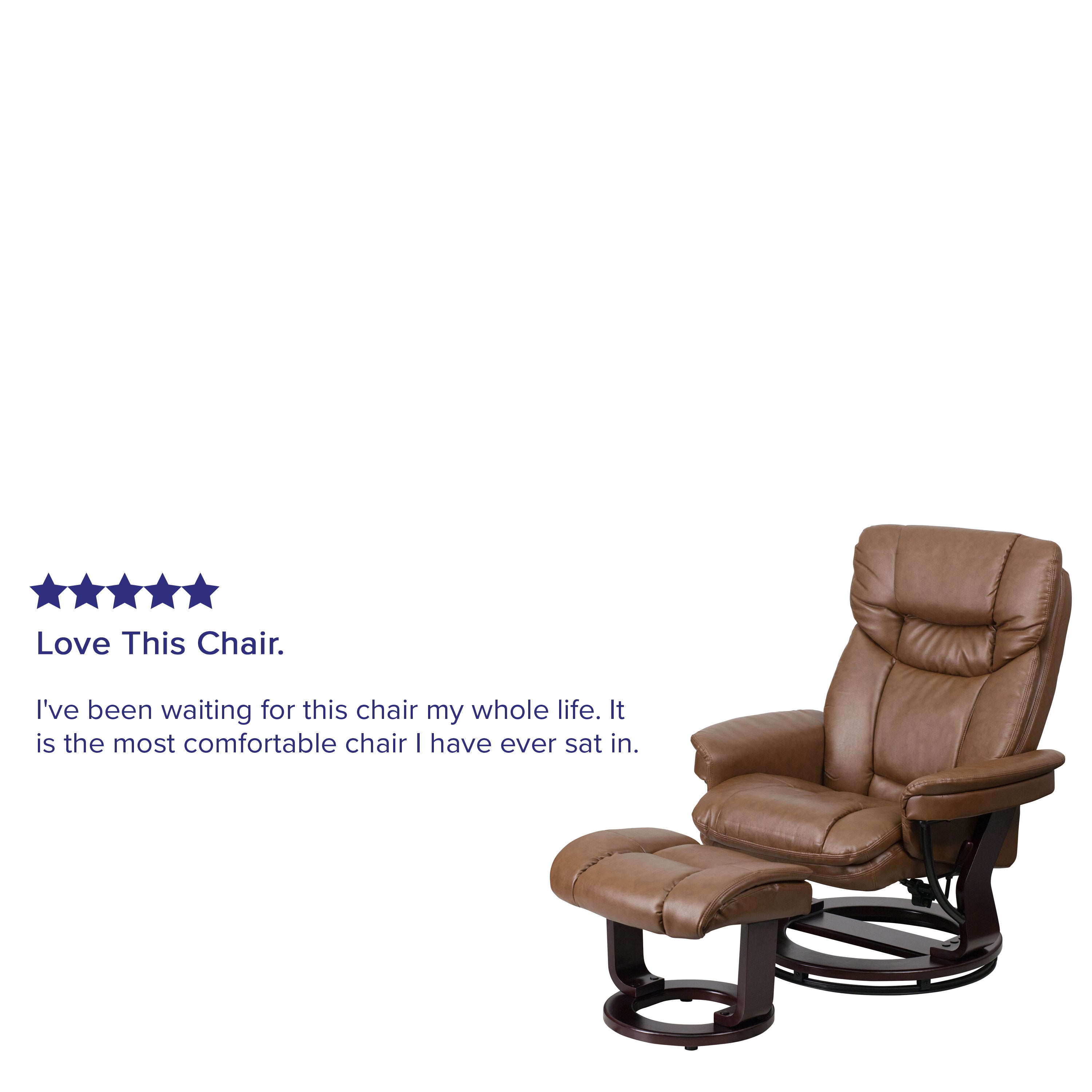 Contemporary Multi-Position Recliner and Curved Ottoman with Swivel Mahogany Wood Base