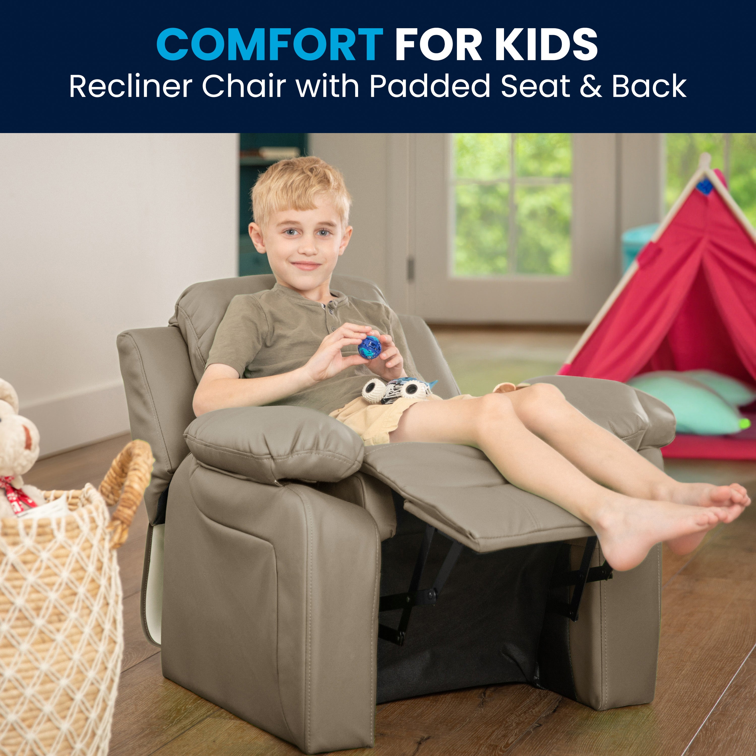 Deluxe Padded Contemporary Kids Recliner with Storage Arms