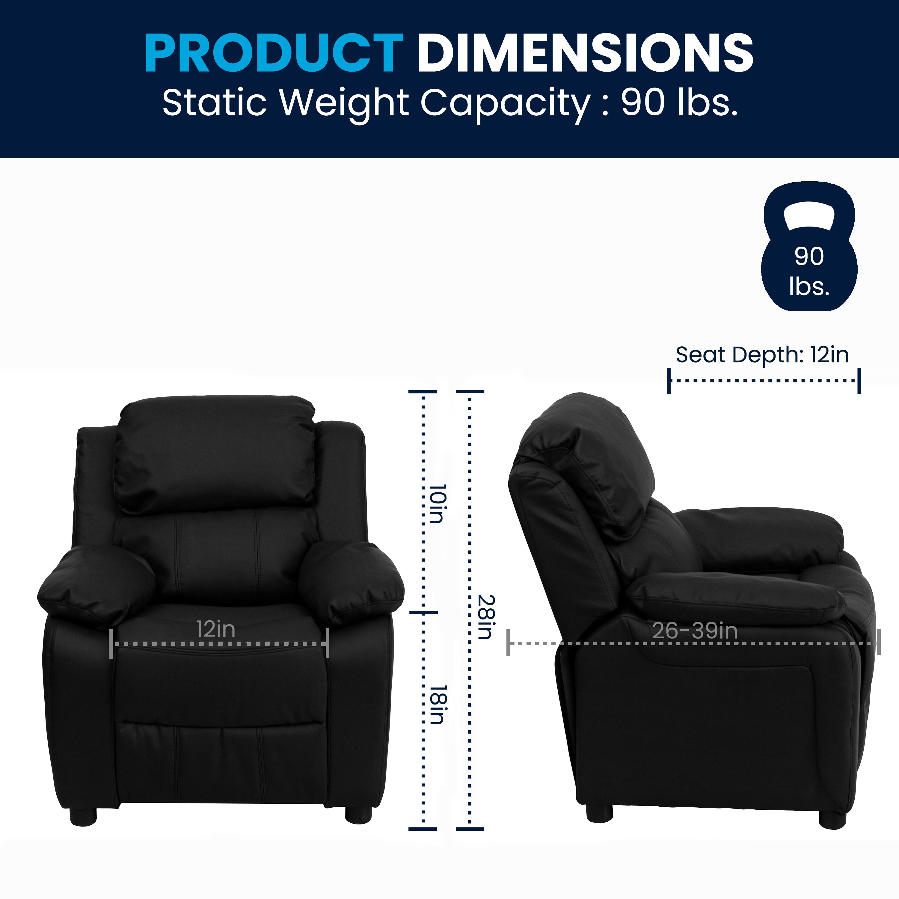 Deluxe Padded Contemporary Kids Recliner with Storage Arms