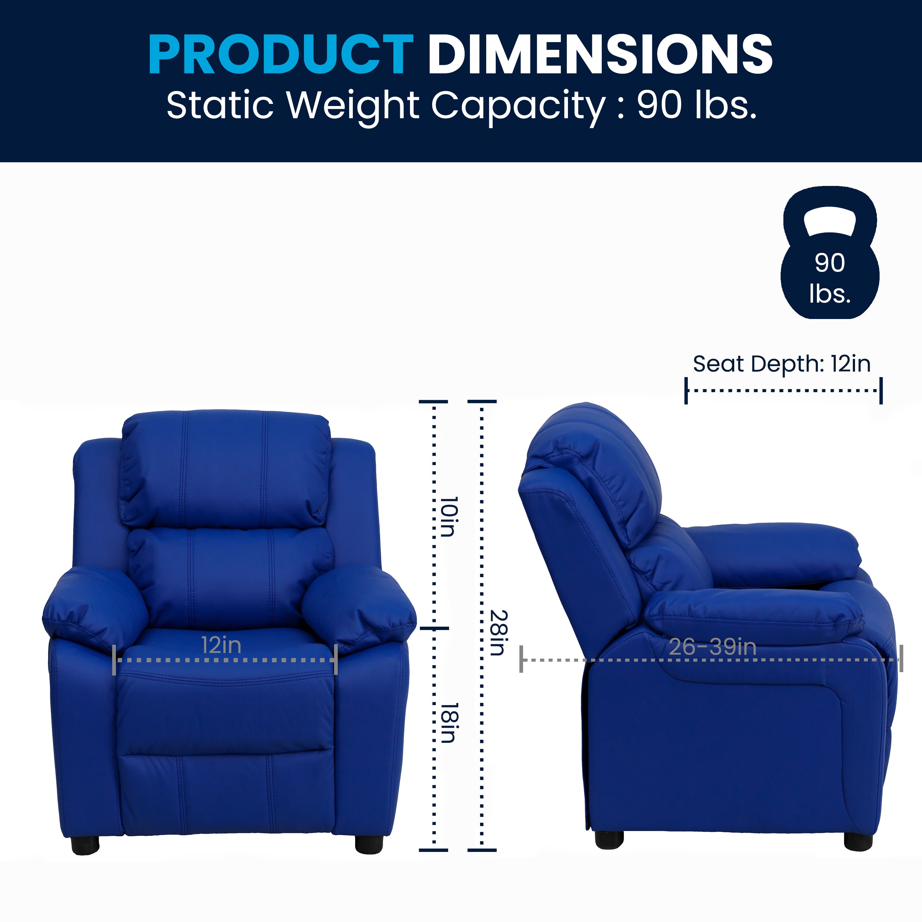 Deluxe Padded Contemporary Kids Recliner with Storage Arms