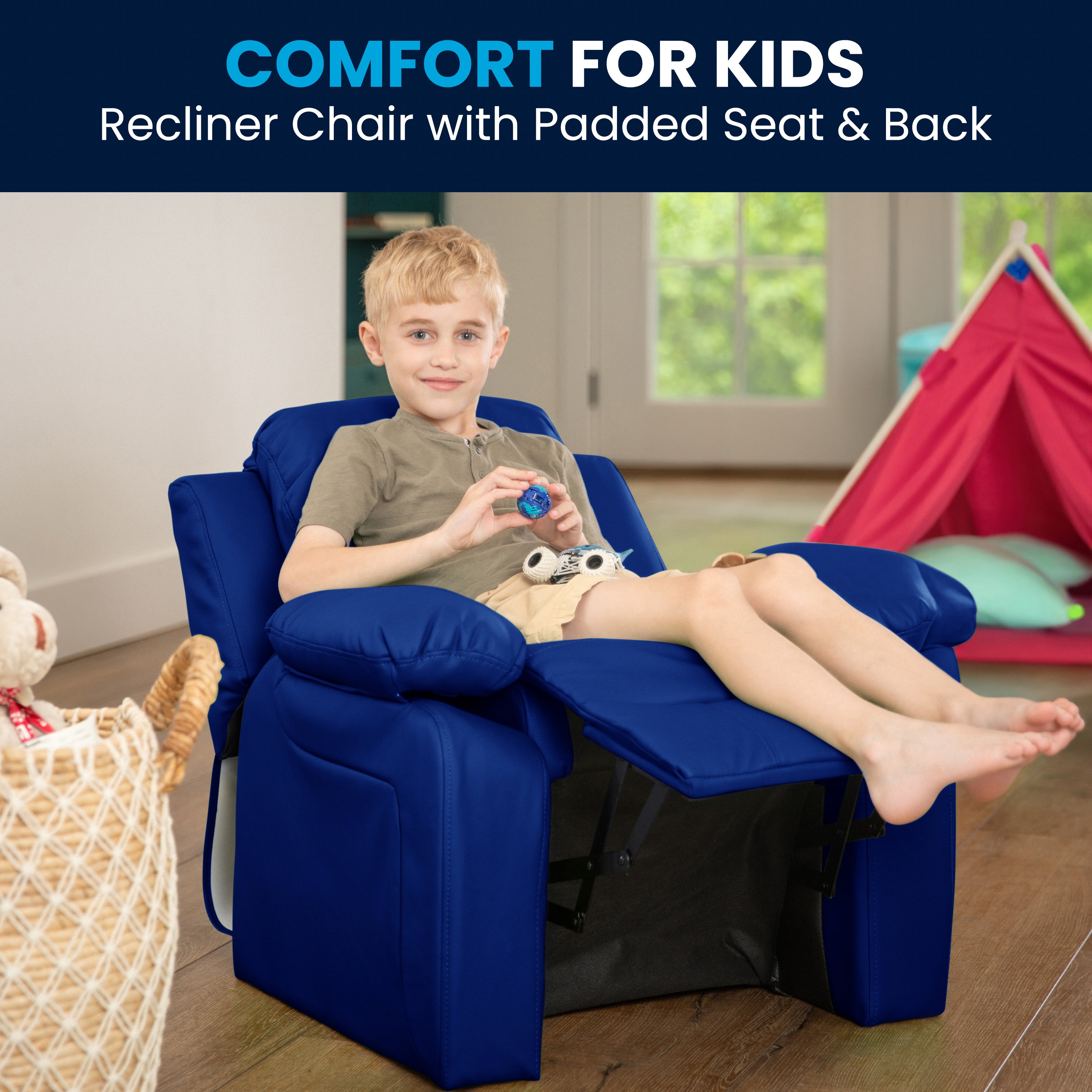 Deluxe Padded Contemporary Kids Recliner with Storage Arms