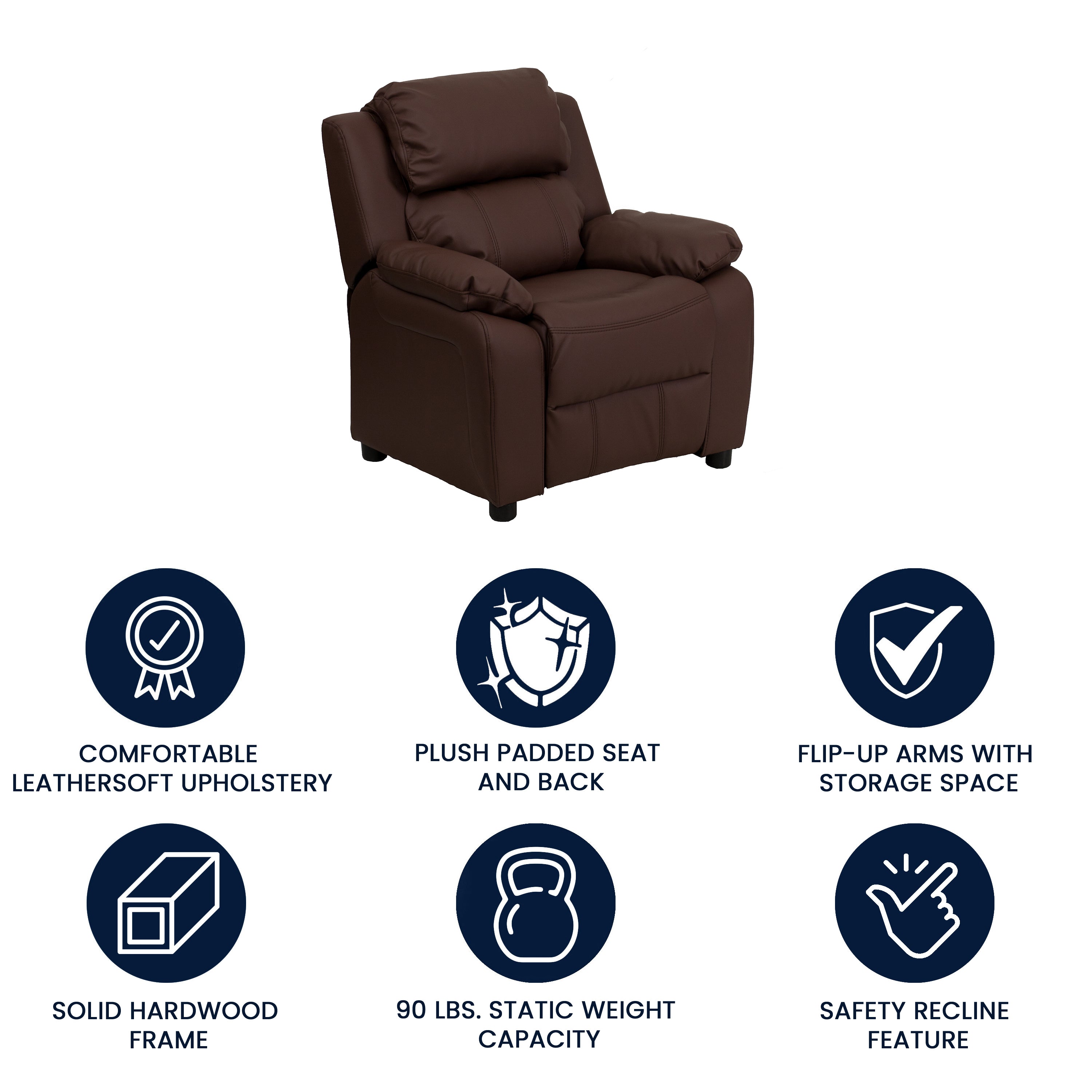 Deluxe Padded Contemporary Kids Recliner with Storage Arms