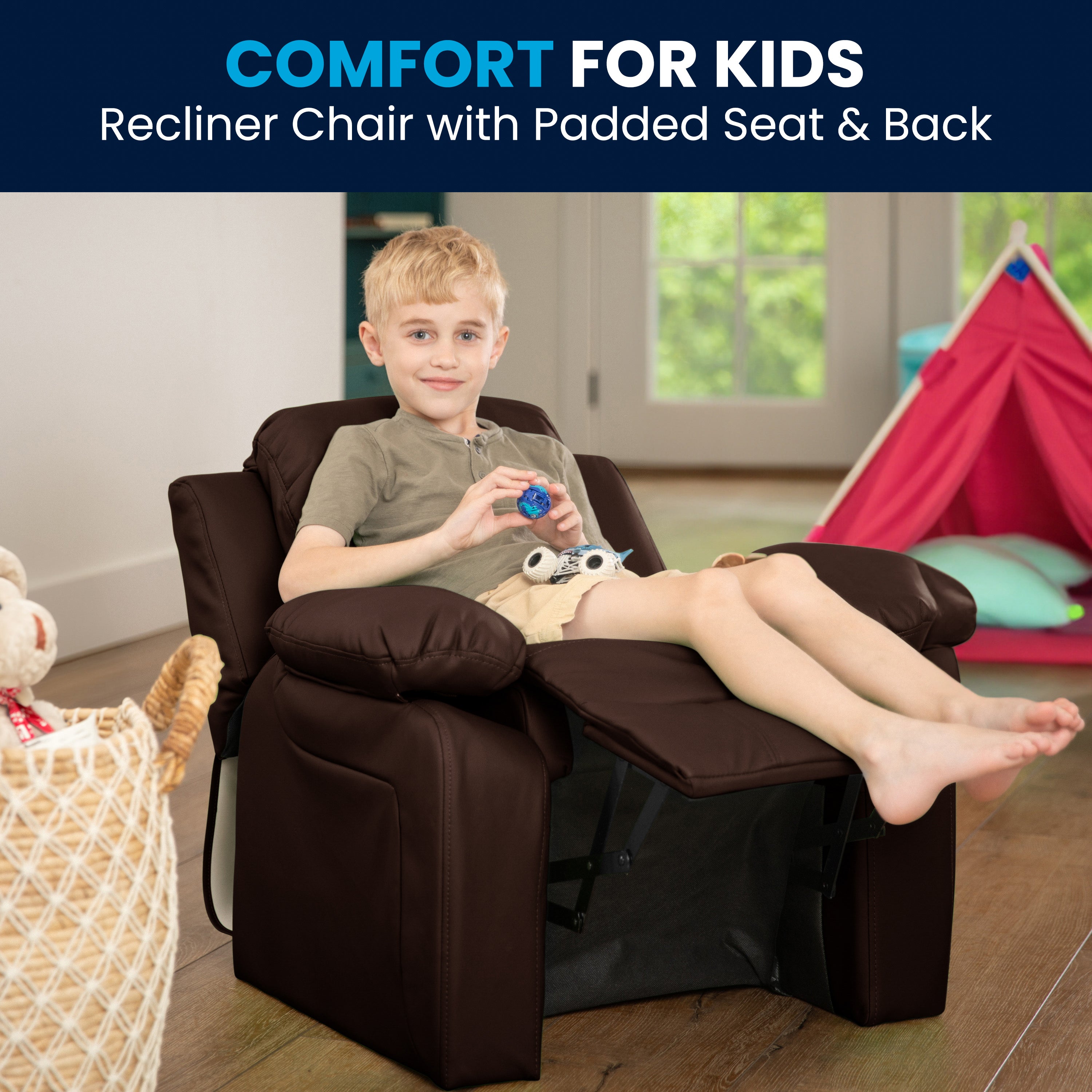 Deluxe Padded Contemporary Kids Recliner with Storage Arms