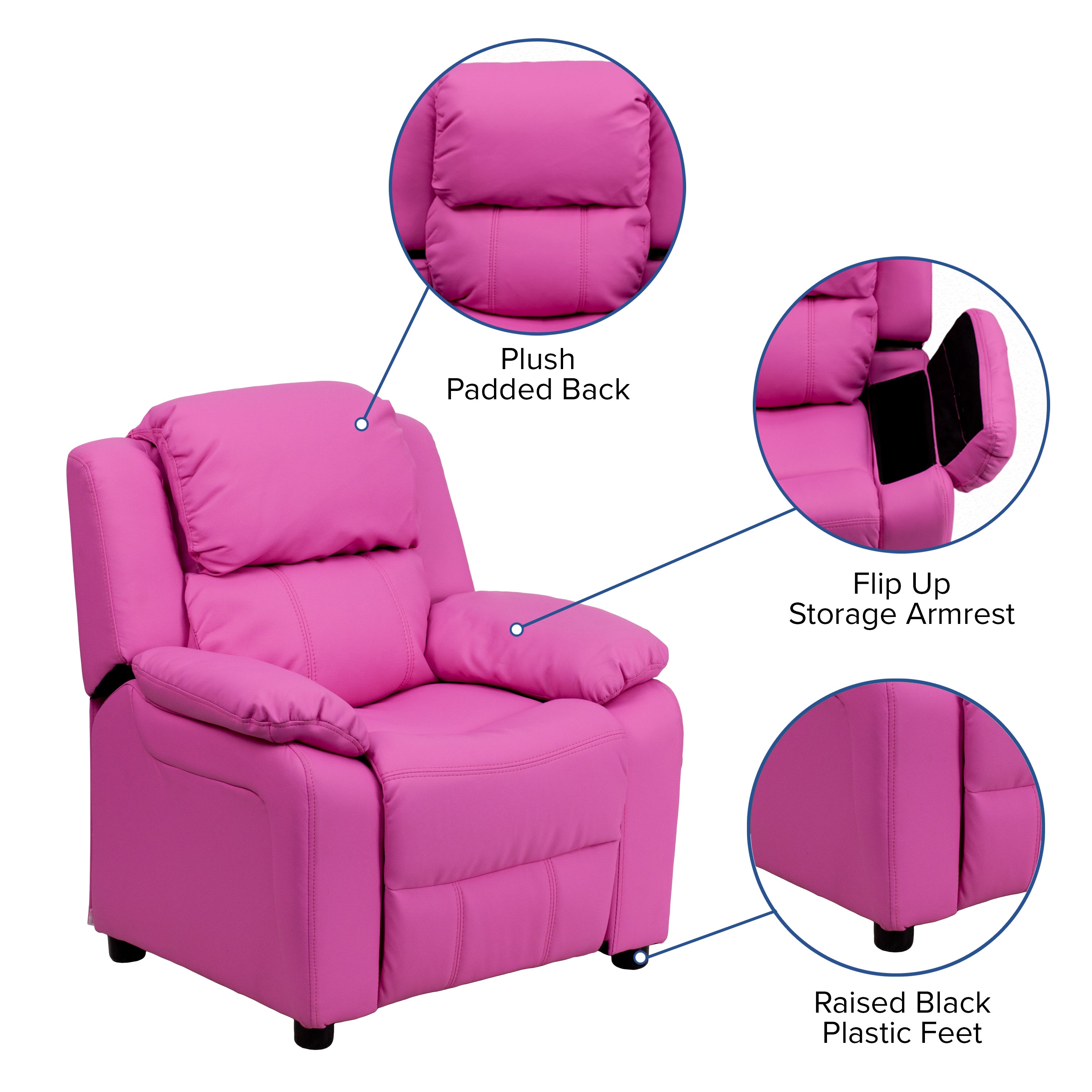 Deluxe Padded Contemporary Kids Recliner with Storage Arms