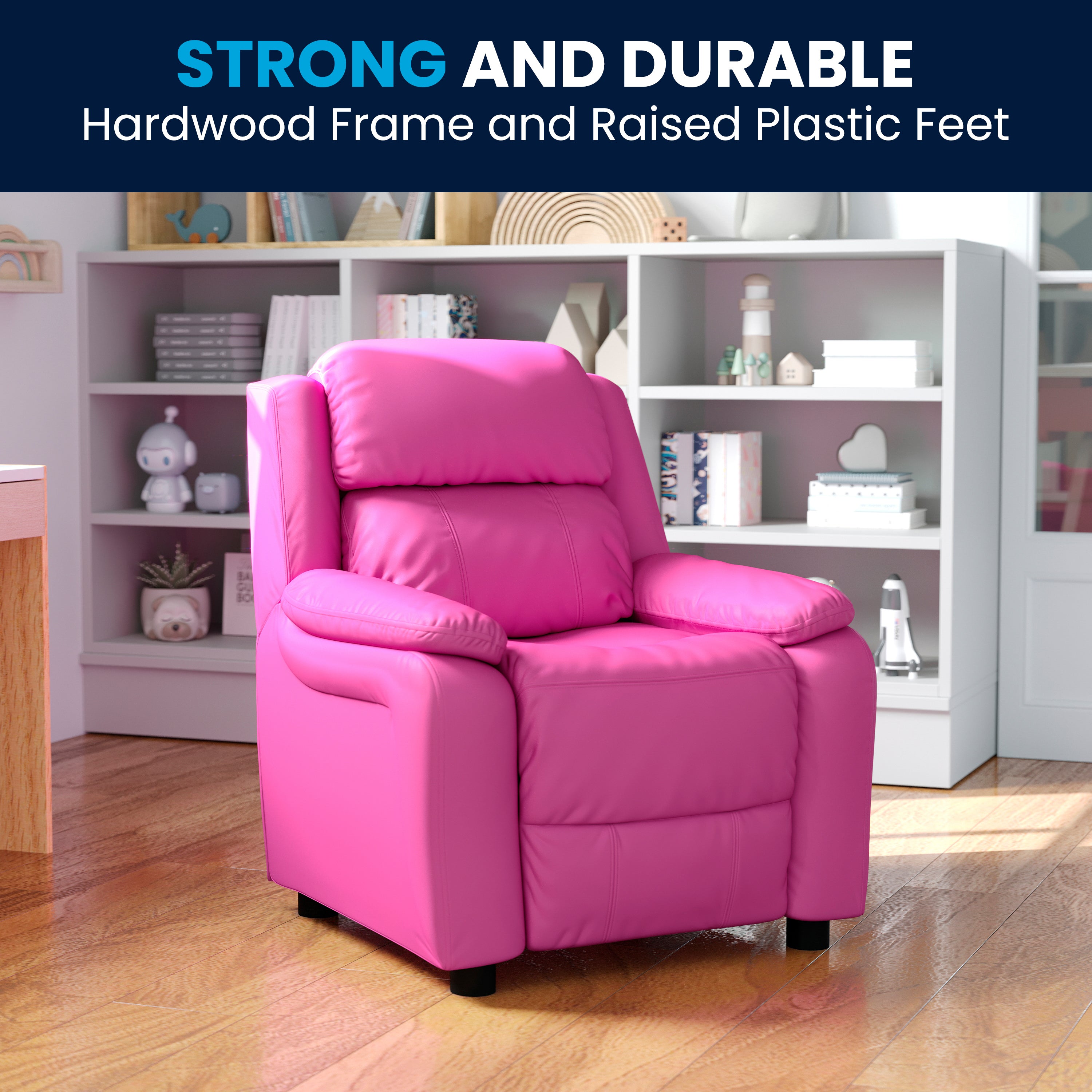 Deluxe Padded Contemporary Kids Recliner with Storage Arms