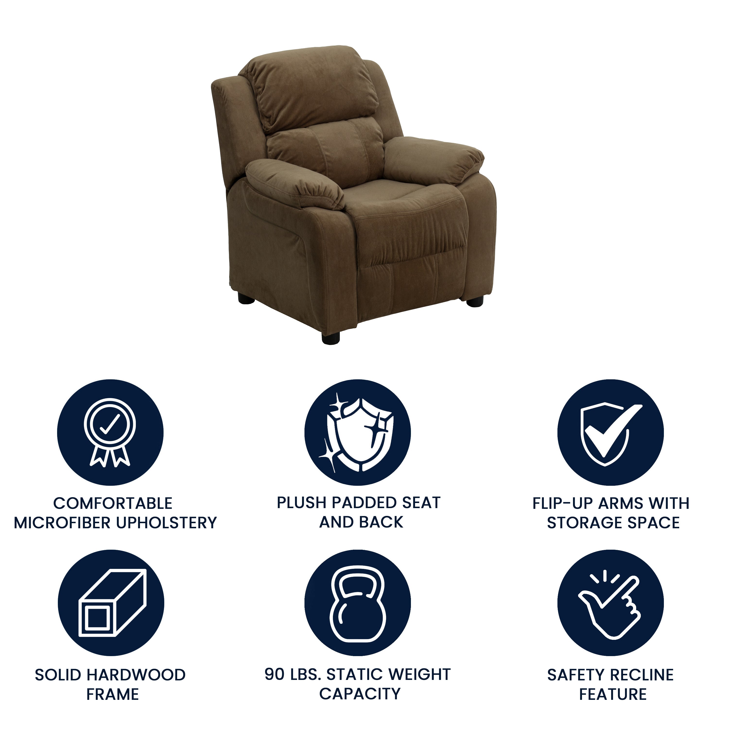 Deluxe Padded Contemporary Kids Recliner with Storage Arms