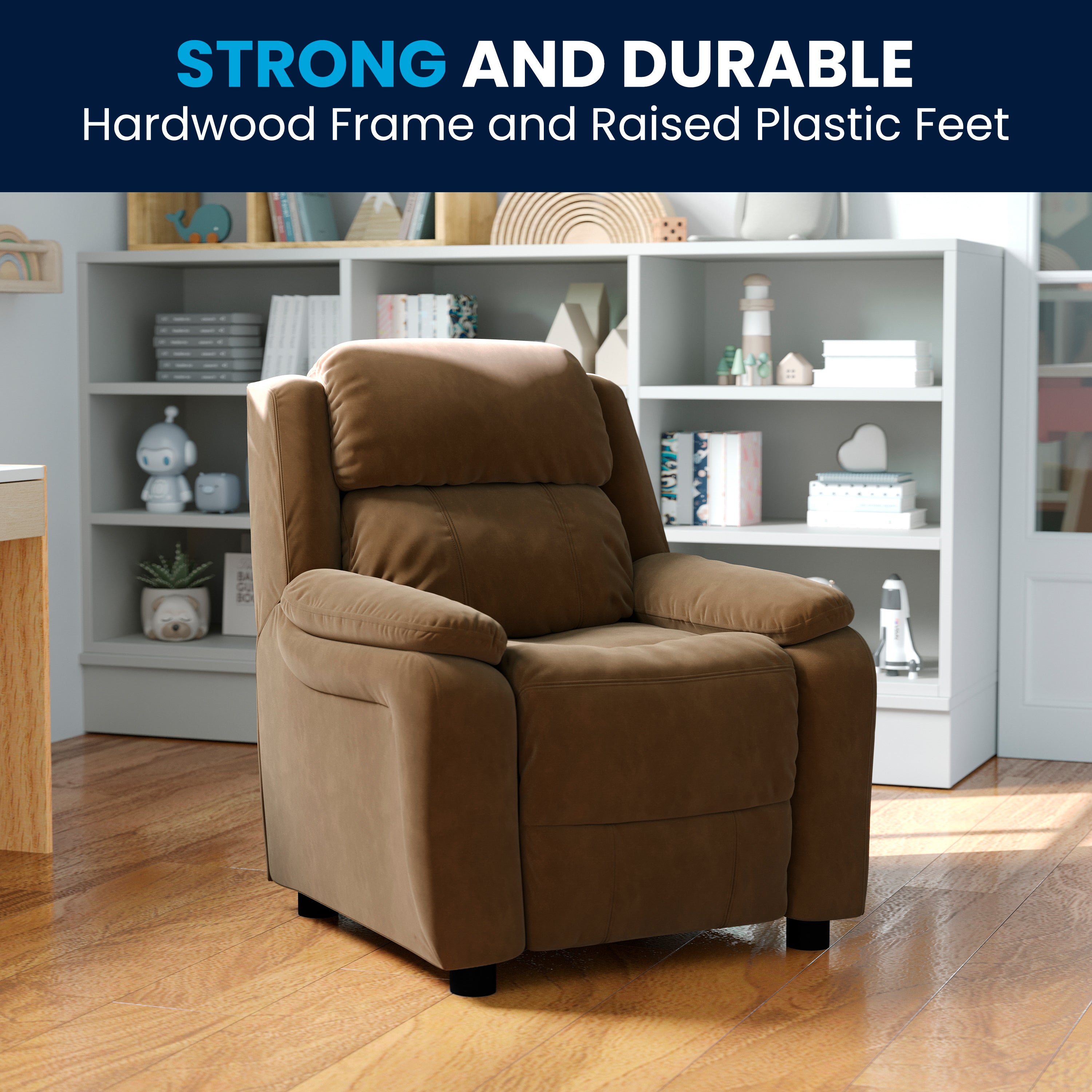Deluxe Padded Contemporary Kids Recliner with Storage Arms