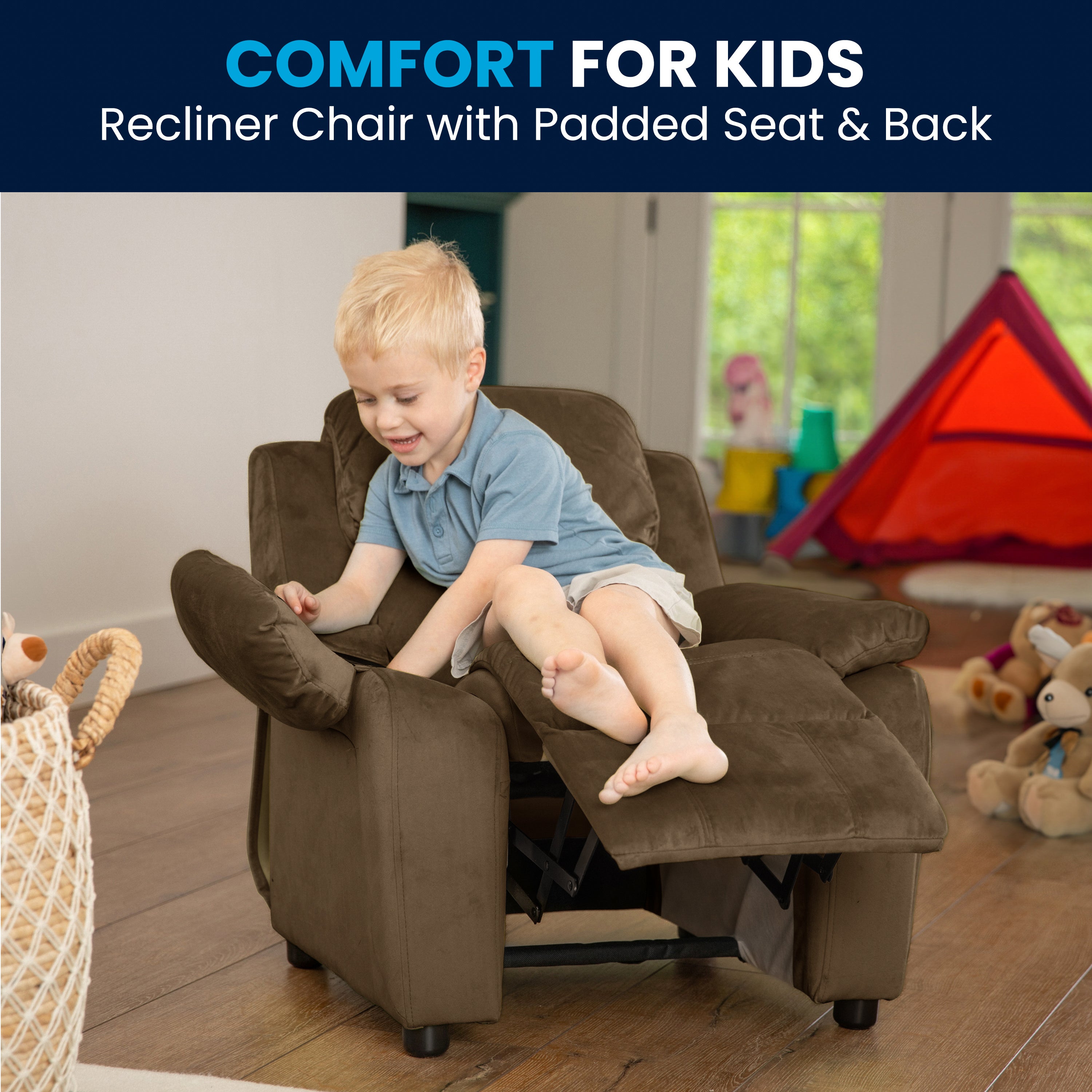 Deluxe Padded Contemporary Kids Recliner with Storage Arms