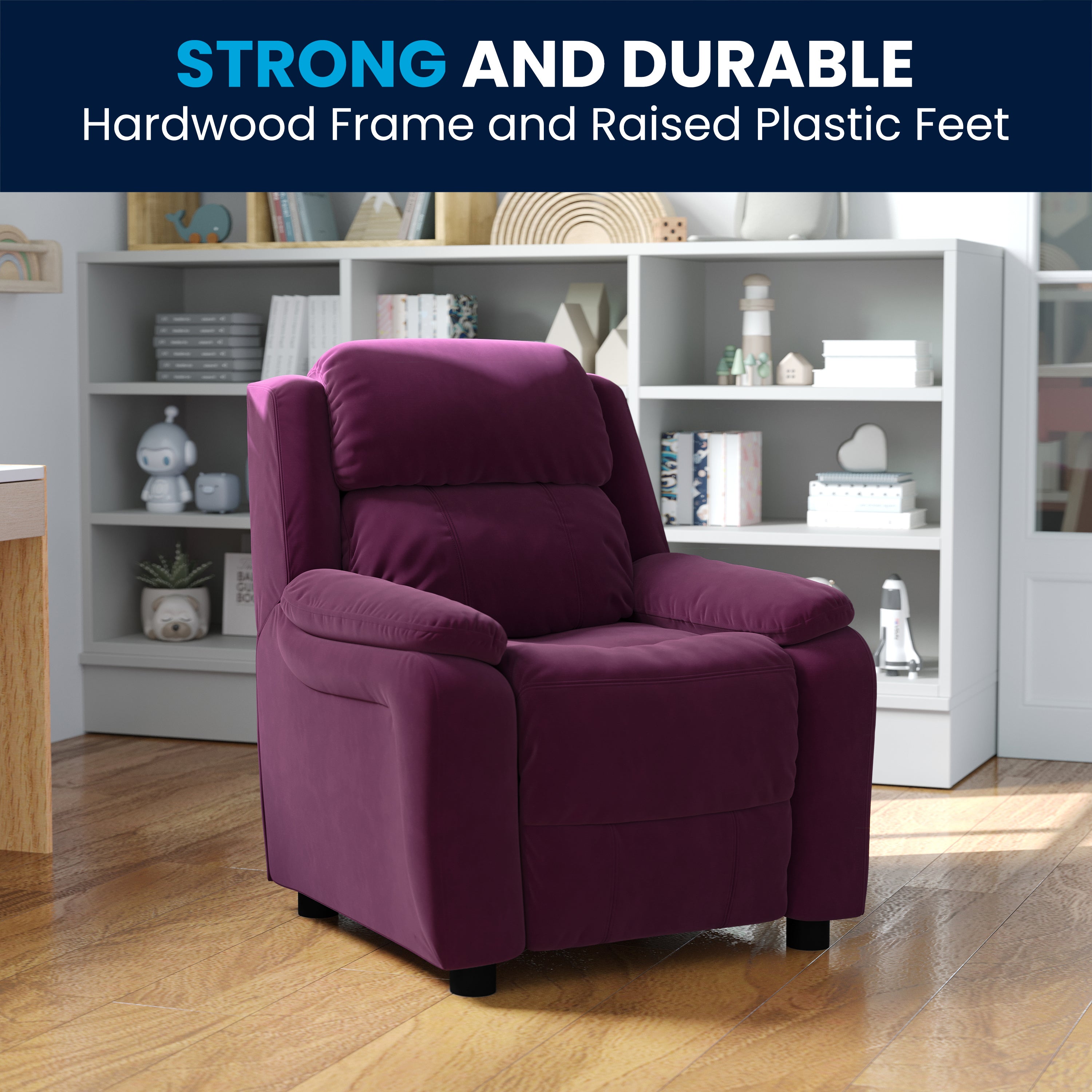 Deluxe Padded Contemporary Kids Recliner with Storage Arms