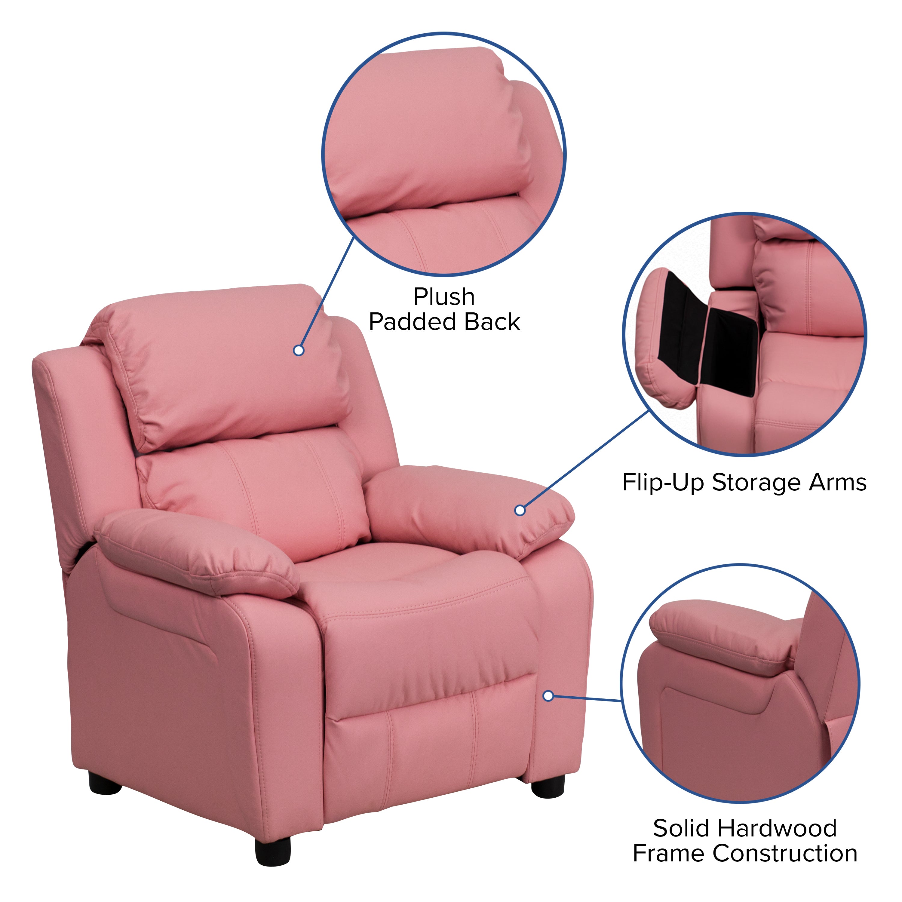 Deluxe Padded Contemporary Kids Recliner with Storage Arms