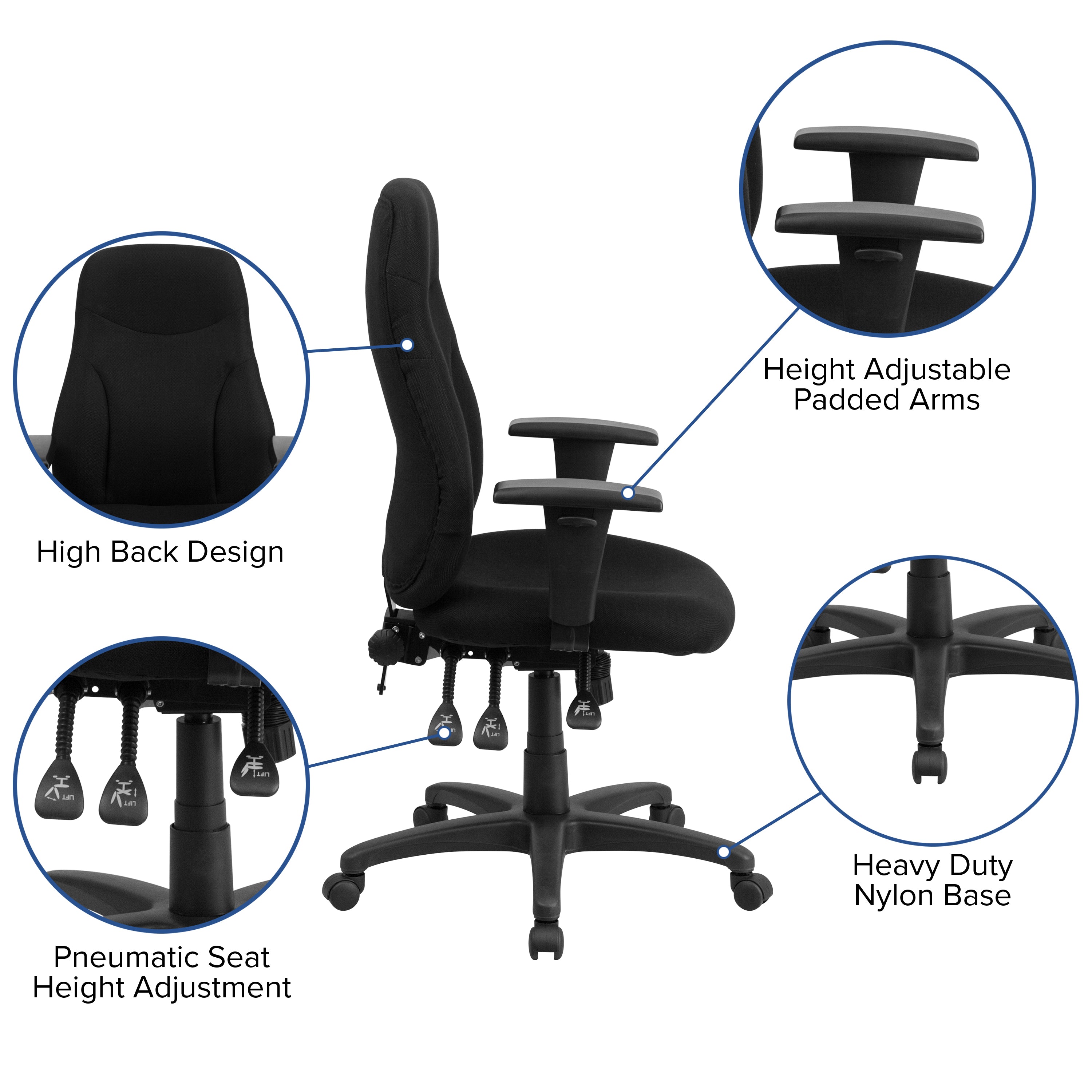High Back Fabric Multifunction Swivel Ergonomic Task Office Chair with Adjustable Arms