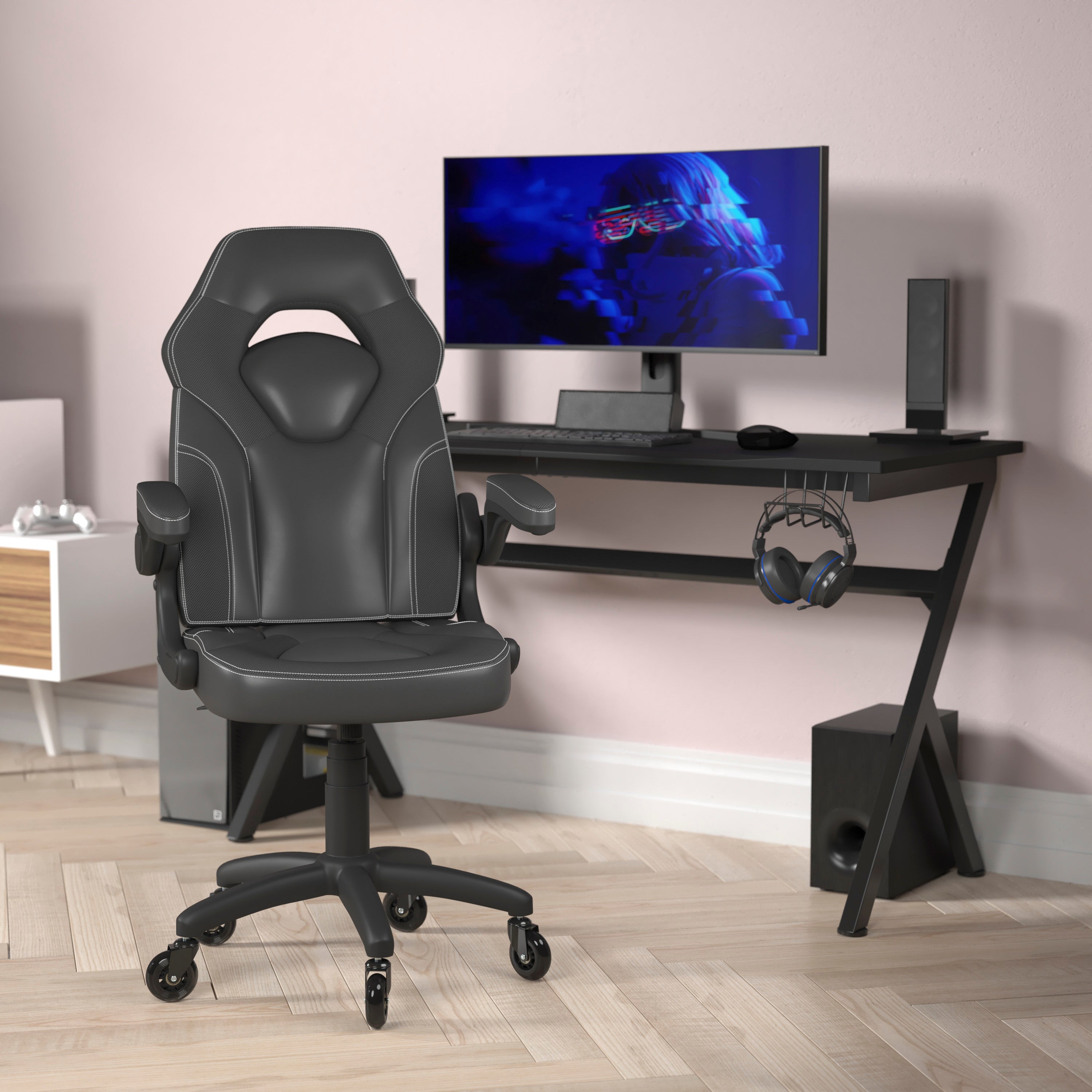 X10 Gaming Chair Racing Office Computer PC Adjustable Chair with Flip-up Arms and Transparent Roller Wheels-Racing Chair-Flash Furniture-Wall2Wall Furnishings