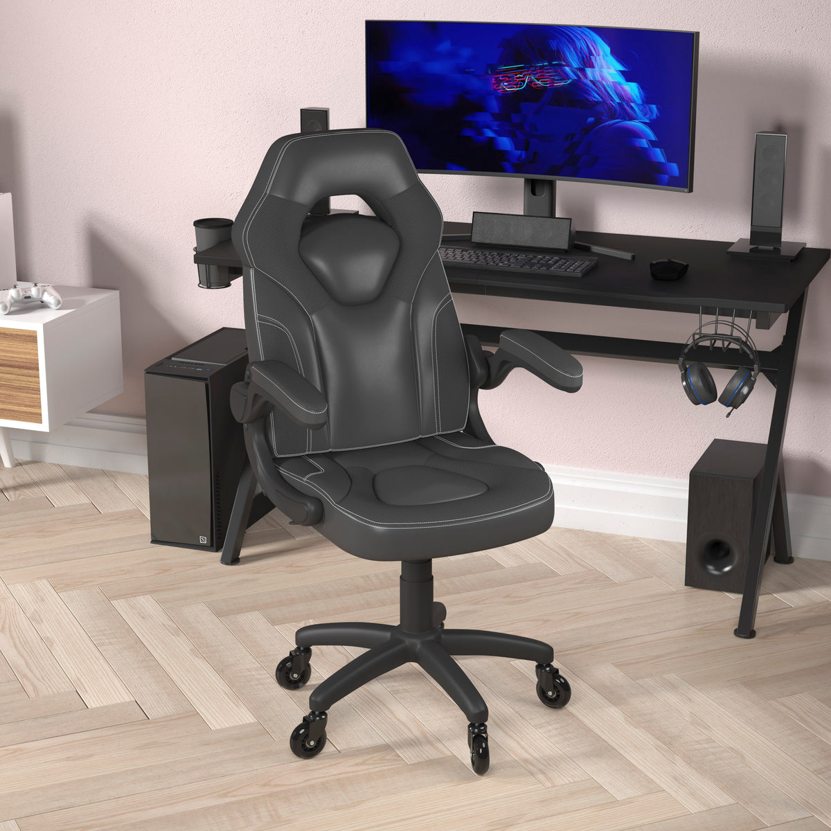 X10 Gaming Chair Racing Office Computer PC Adjustable Chair with Flip-up Arms and Transparent Roller Wheels