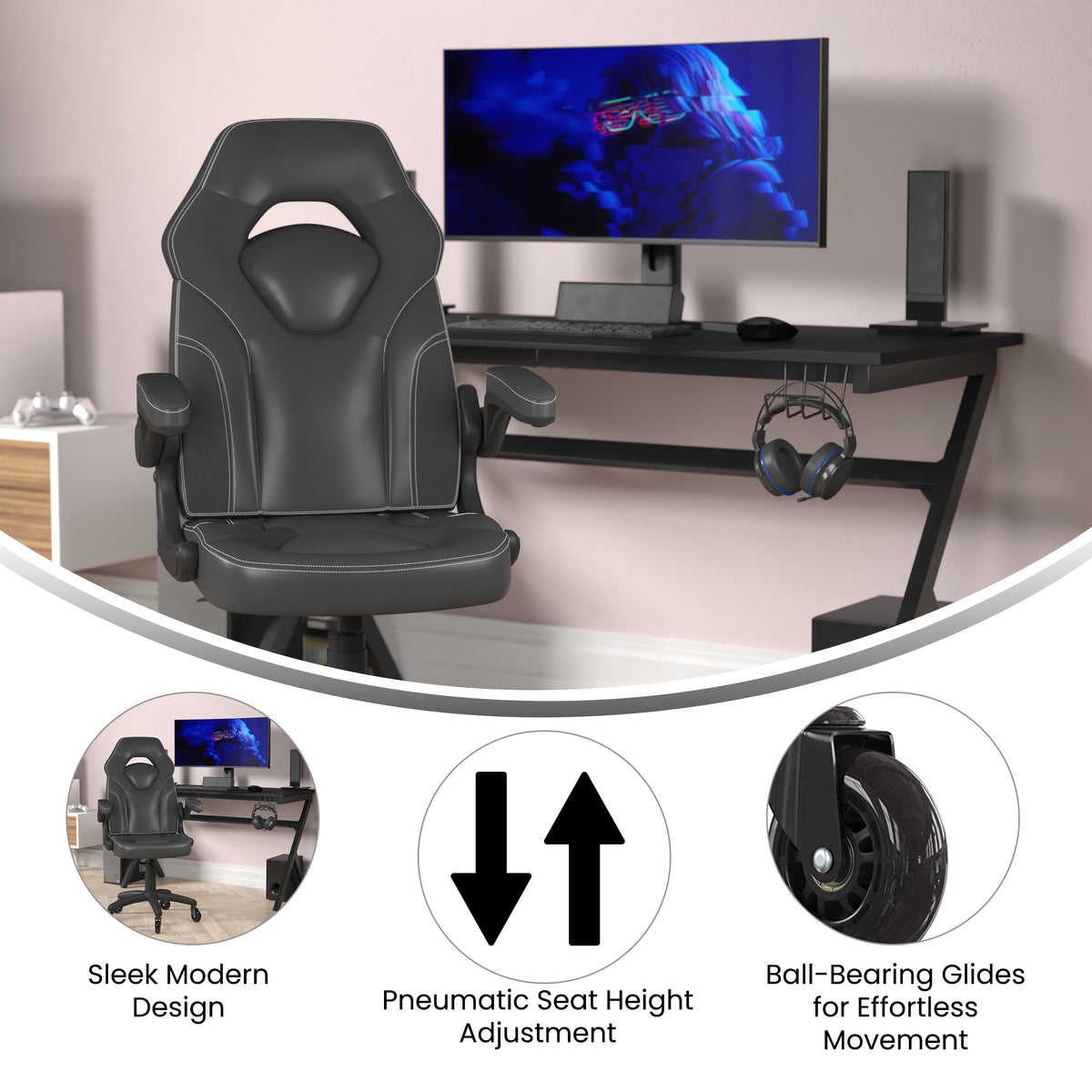 X10 Gaming Chair Racing Office Computer PC Adjustable Chair with Flip-up Arms and Transparent Roller Wheels