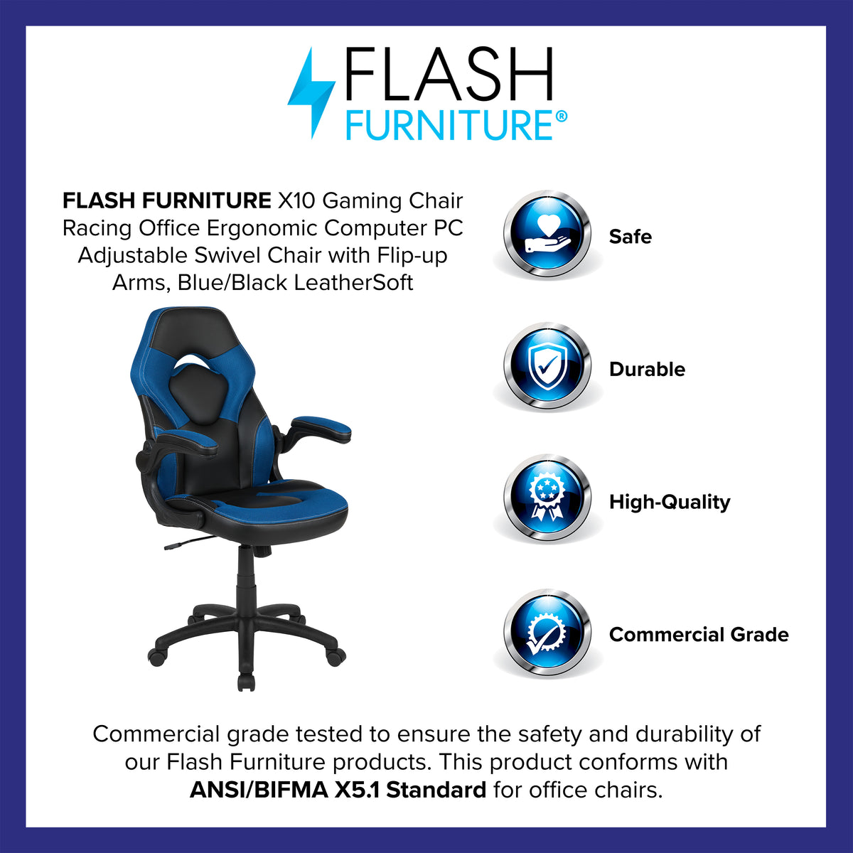 X10 Gaming Chair, Racing Style Ergonomic Office Chair, Height Adjustable Swivel Computer Chair with Flip-Up Arms