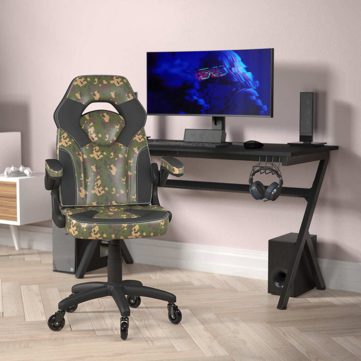 X10 Gaming Chair Racing Office Computer PC Adjustable Chair with Flip-up Arms and Transparent Roller Wheels