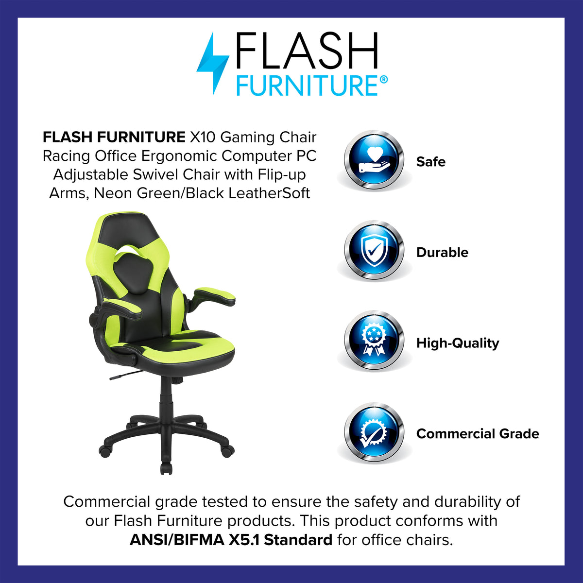 X10 Gaming Chair, Racing Style Ergonomic Office Chair, Height Adjustable Swivel Computer Chair with Flip-Up Arms