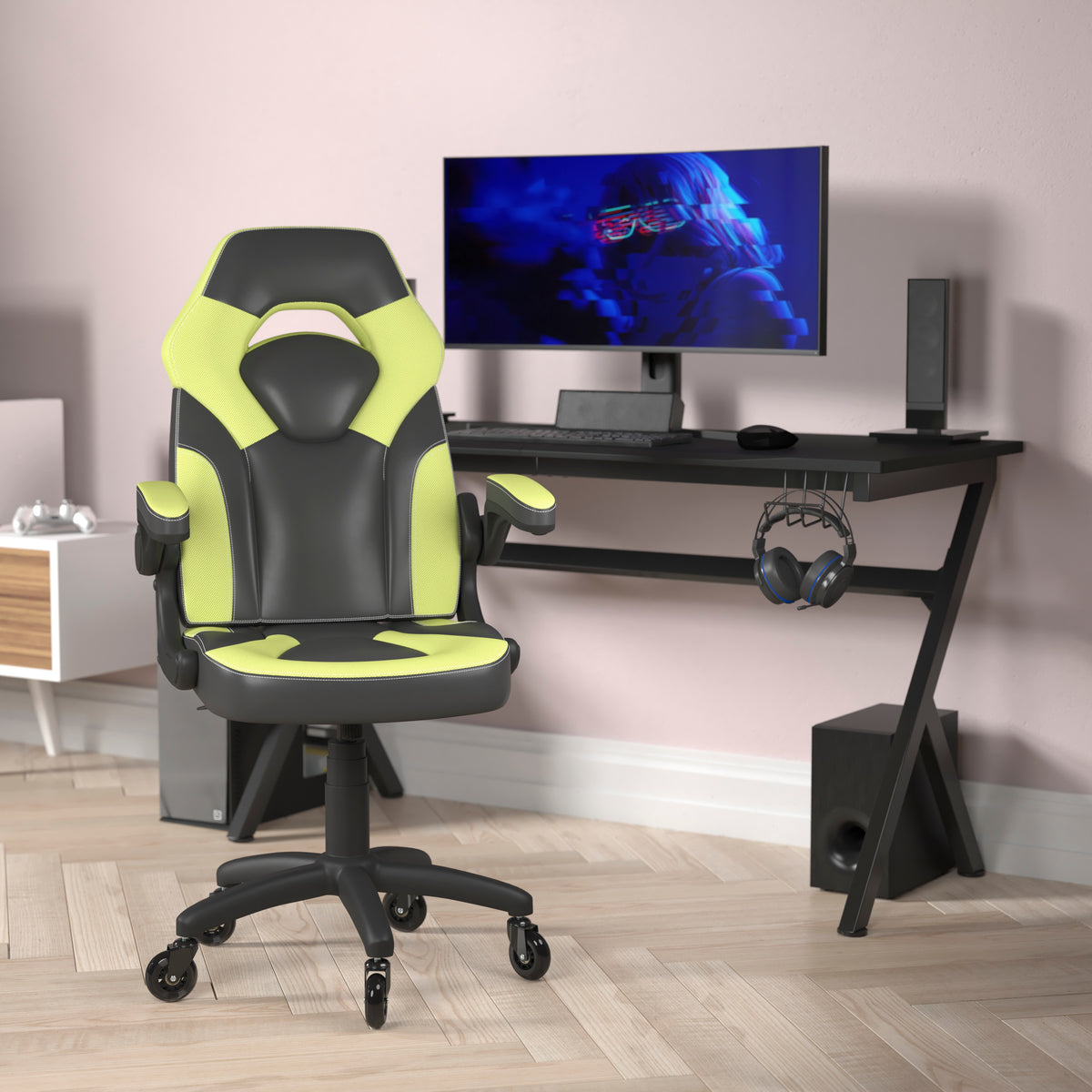 X10 Gaming Chair Racing Office Computer PC Adjustable Chair with Flip-up Arms and Transparent Roller Wheels