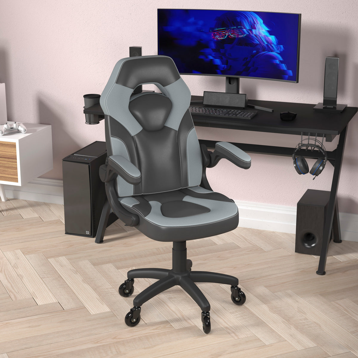 X10 Gaming Chair Racing Office Computer PC Adjustable Chair with Flip-up Arms and Transparent Roller Wheels