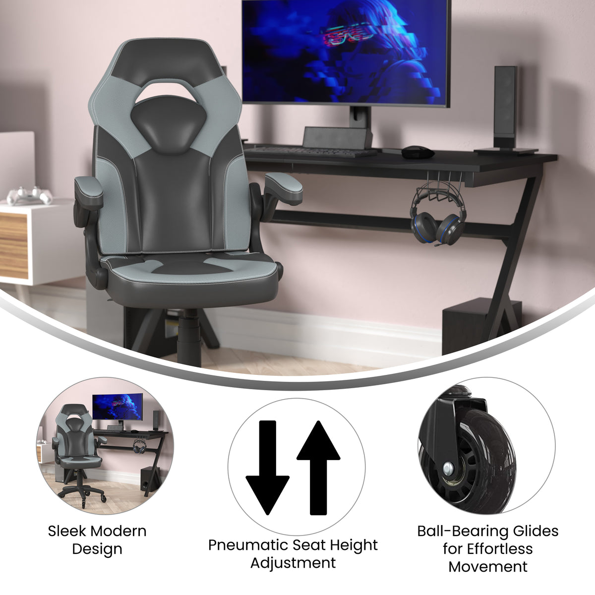 X10 Gaming Chair Racing Office Computer PC Adjustable Chair with Flip-up Arms and Transparent Roller Wheels