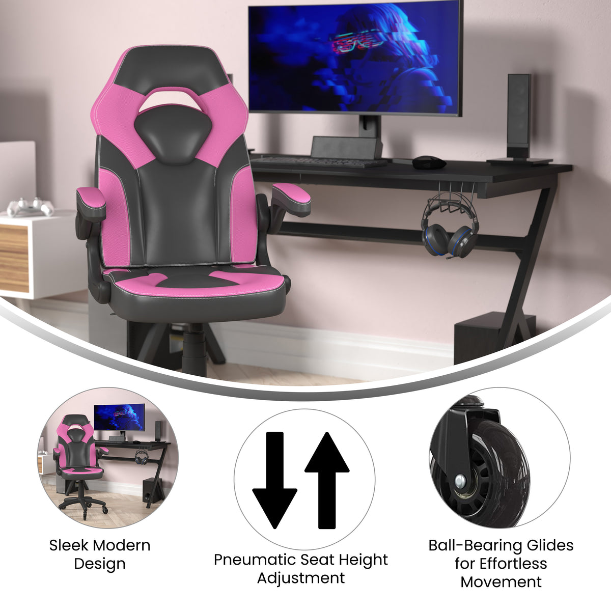 X10 Gaming Chair Racing Office Computer PC Adjustable Chair with Flip-up Arms and Transparent Roller Wheels