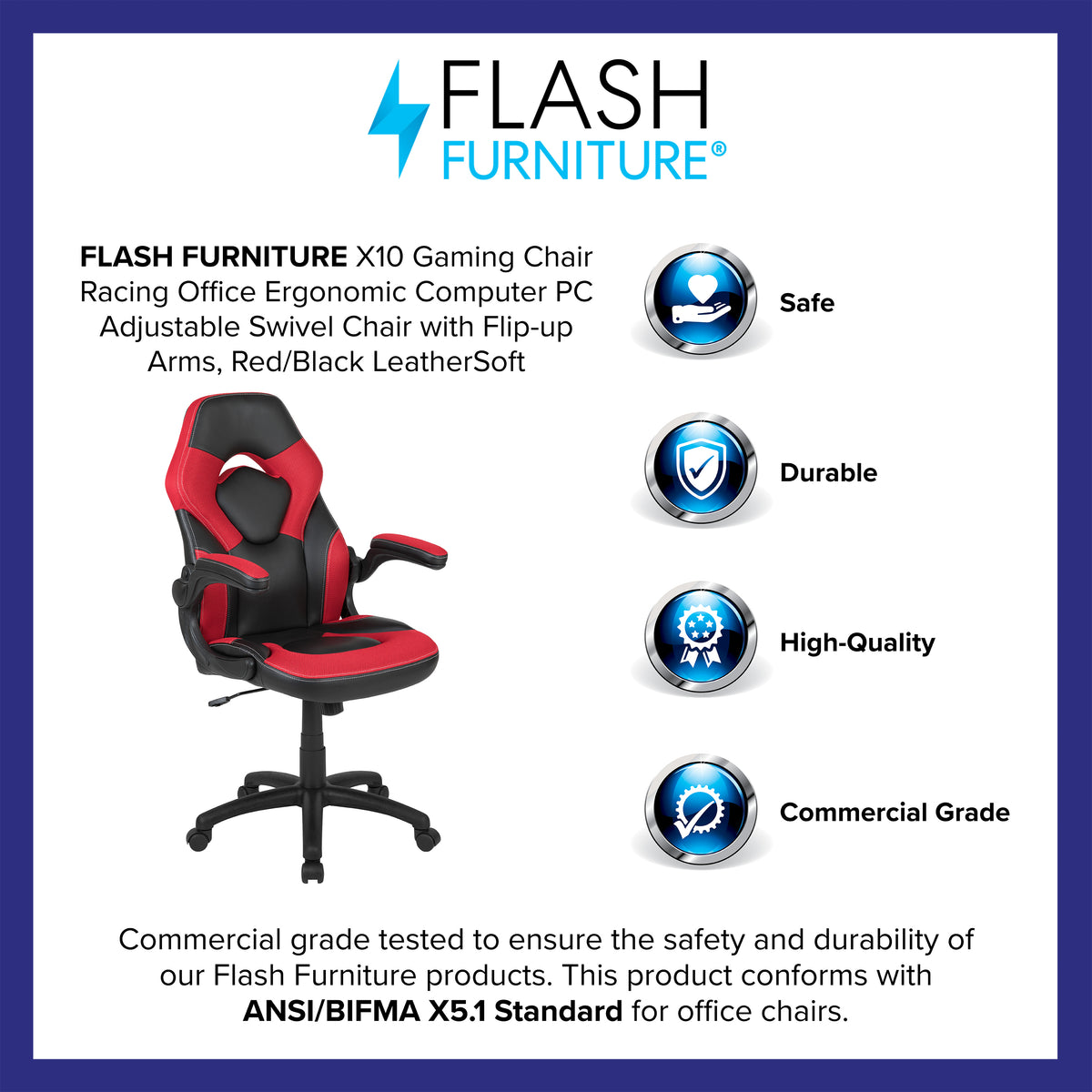 X10 Gaming Chair, Racing Style Ergonomic Office Chair, Height Adjustable Swivel Computer Chair with Flip-Up Arms