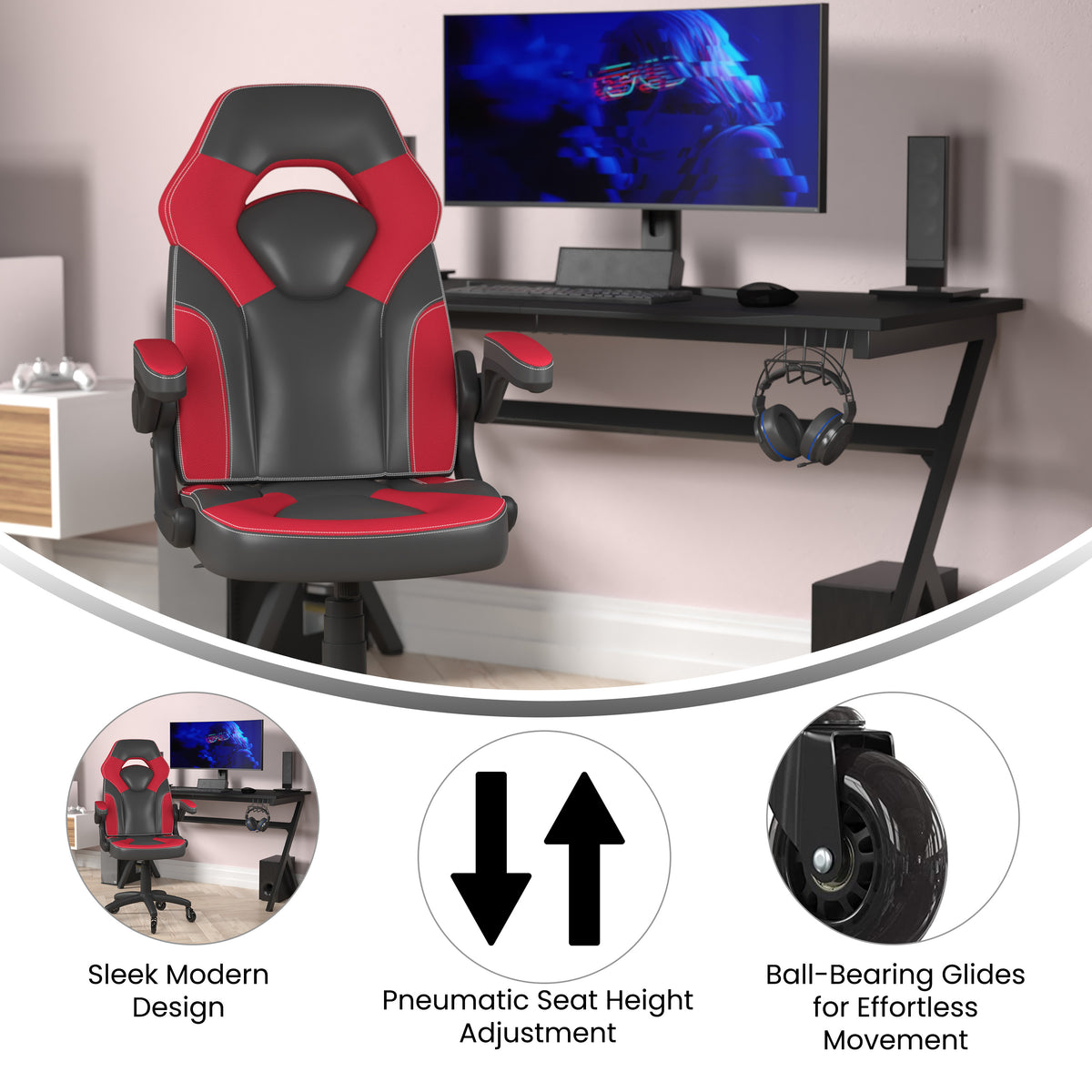 X10 Gaming Chair Racing Office Computer PC Adjustable Chair with Flip-up Arms and Transparent Roller Wheels