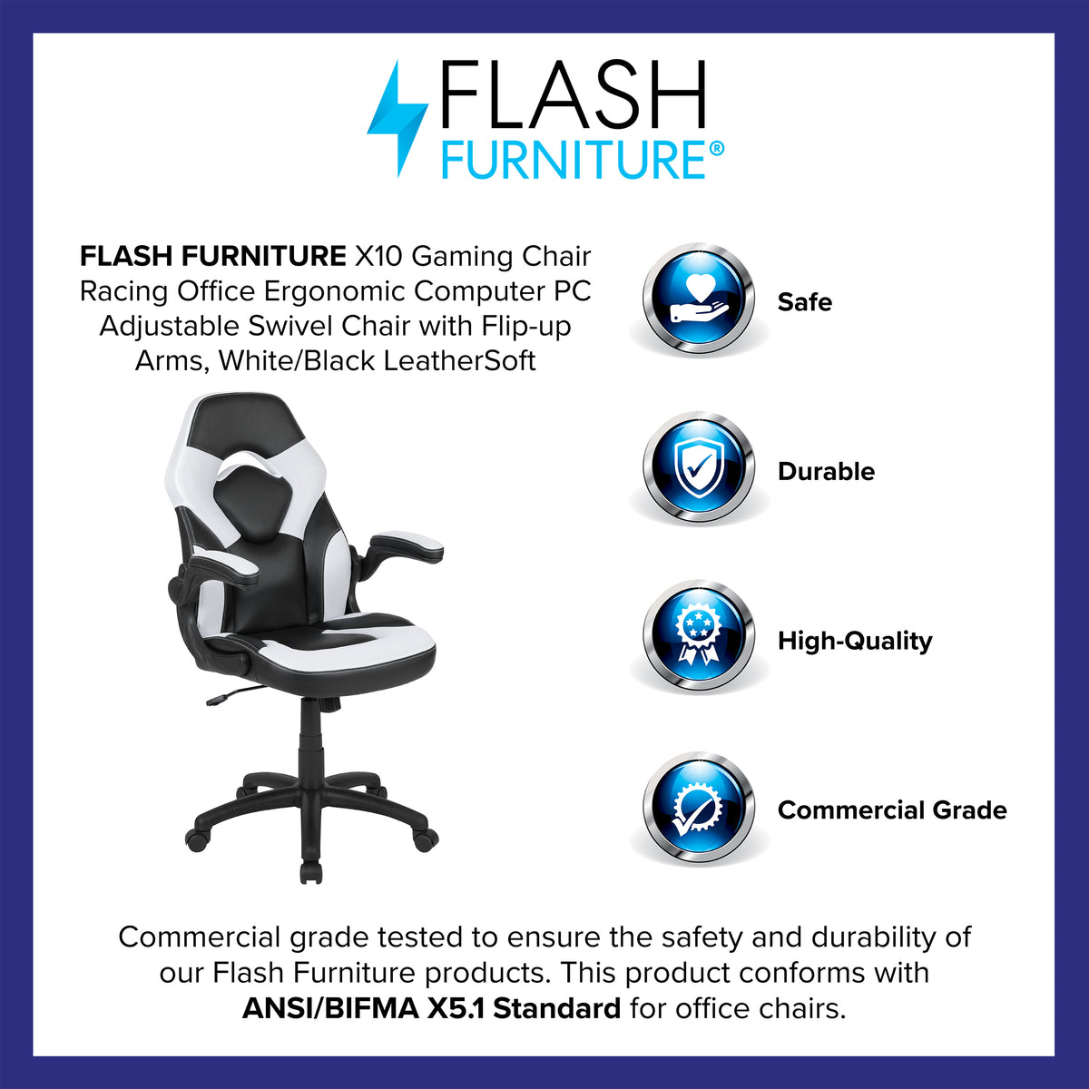 X10 Gaming Chair, Racing Style Ergonomic Office Chair, Height Adjustable Swivel Computer Chair with Flip-Up Arms