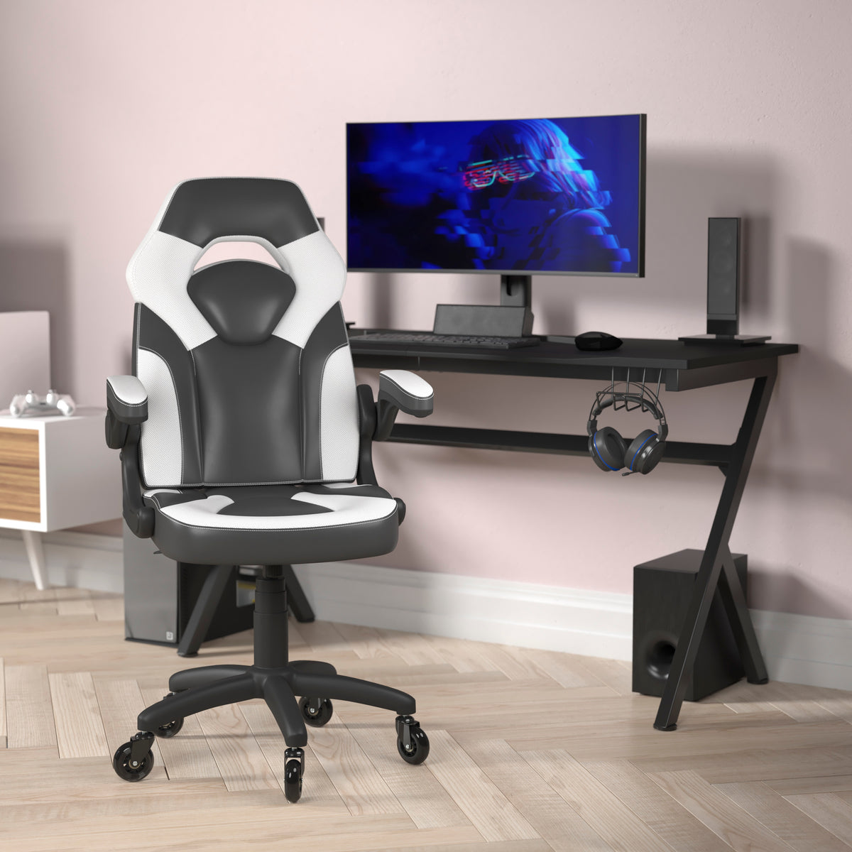 X10 Gaming Chair Racing Office Computer PC Adjustable Chair with Flip-up Arms and Transparent Roller Wheels
