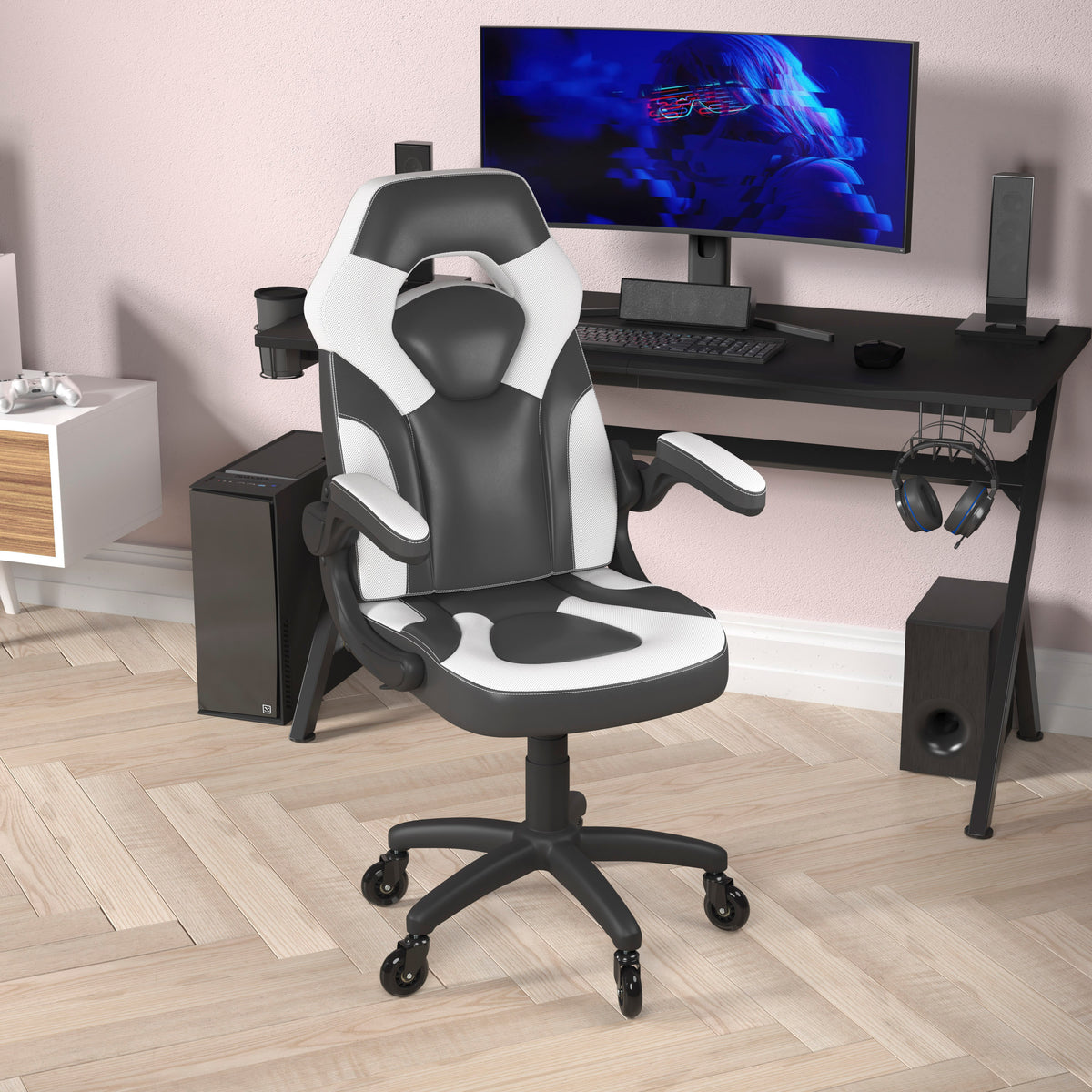X10 Gaming Chair Racing Office Computer PC Adjustable Chair with Flip-up Arms and Transparent Roller Wheels