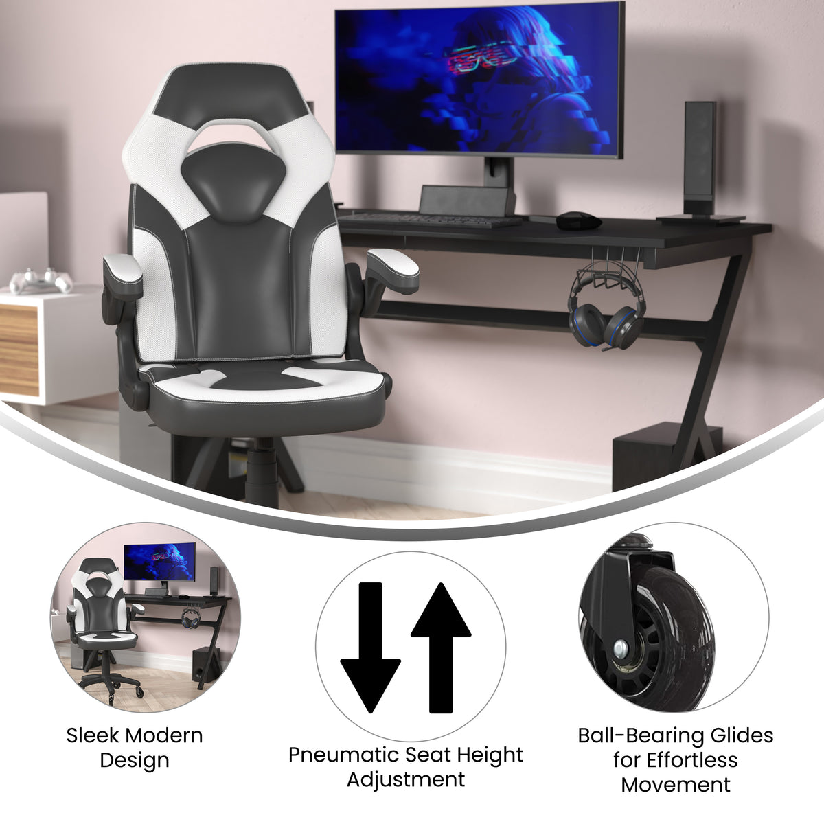 X10 Gaming Chair Racing Office Computer PC Adjustable Chair with Flip-up Arms and Transparent Roller Wheels