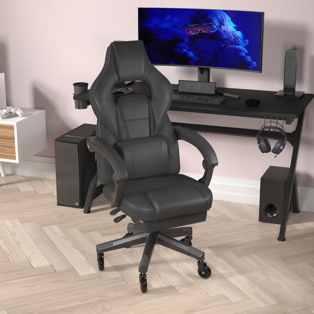 X40 Gaming Chair Racing Computer Chair with Fully Reclining Back/Arms and Transparent Roller Wheels, Slide-Out Footrest