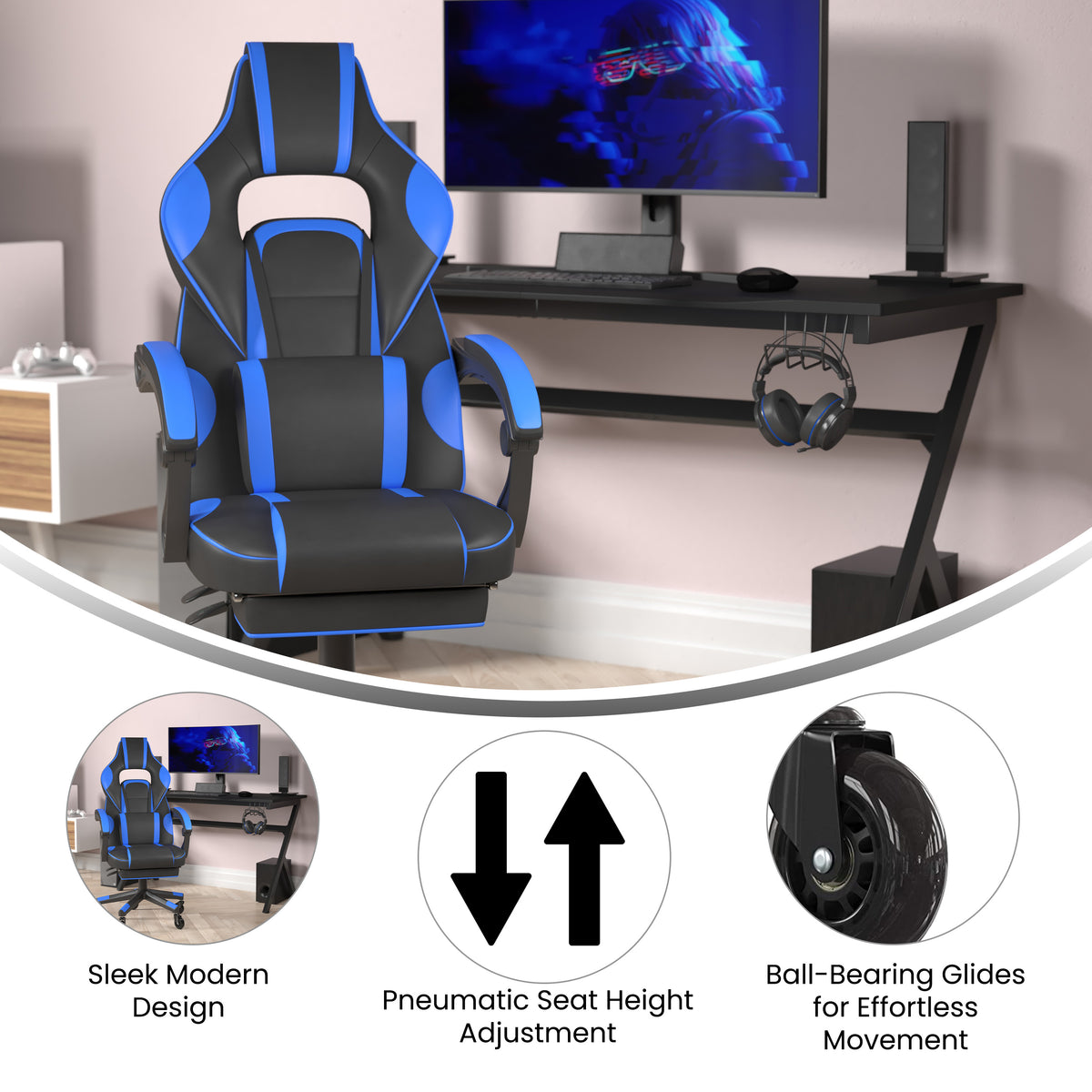 X40 Gaming Chair Racing Computer Chair with Fully Reclining Back/Arms and Transparent Roller Wheels, Slide-Out Footrest