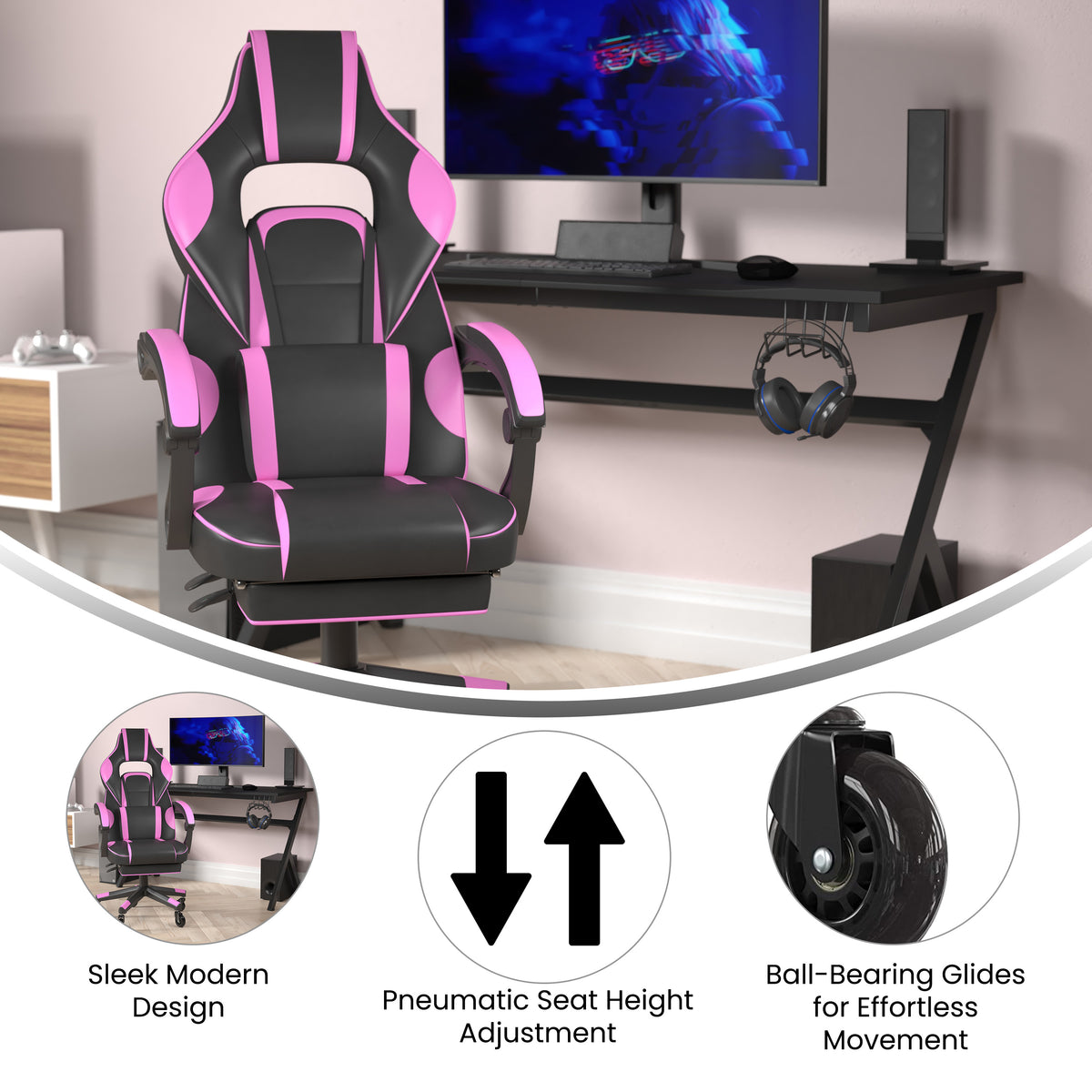 X40 Gaming Chair Racing Computer Chair with Fully Reclining Back/Arms and Transparent Roller Wheels, Slide-Out Footrest
